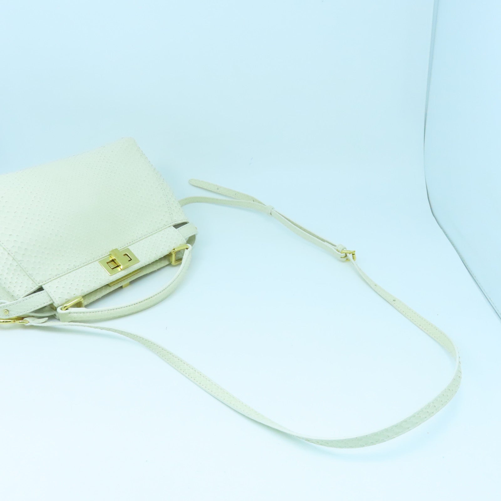 FENDI Snakeskin Leather Mini Peekaboo Gold Buckle Handle Shoulder Bag White
