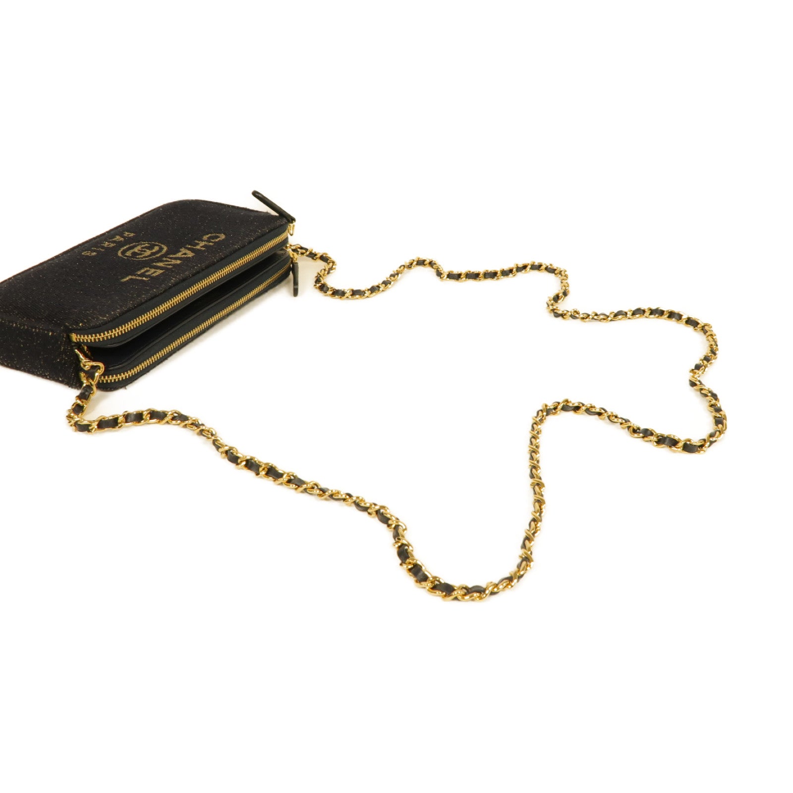 CHANEL 帆布Chain Shoulder Bag金扣鏈帶肩背袋深藍色