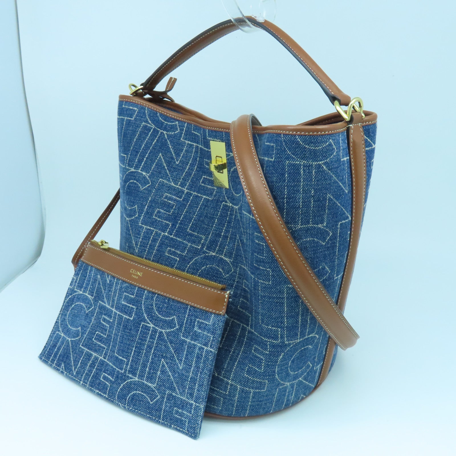 CELINE 【激減優惠】牛仔布/牛皮皮革Bucket 16金扣手挽肩背兩用袋藍色