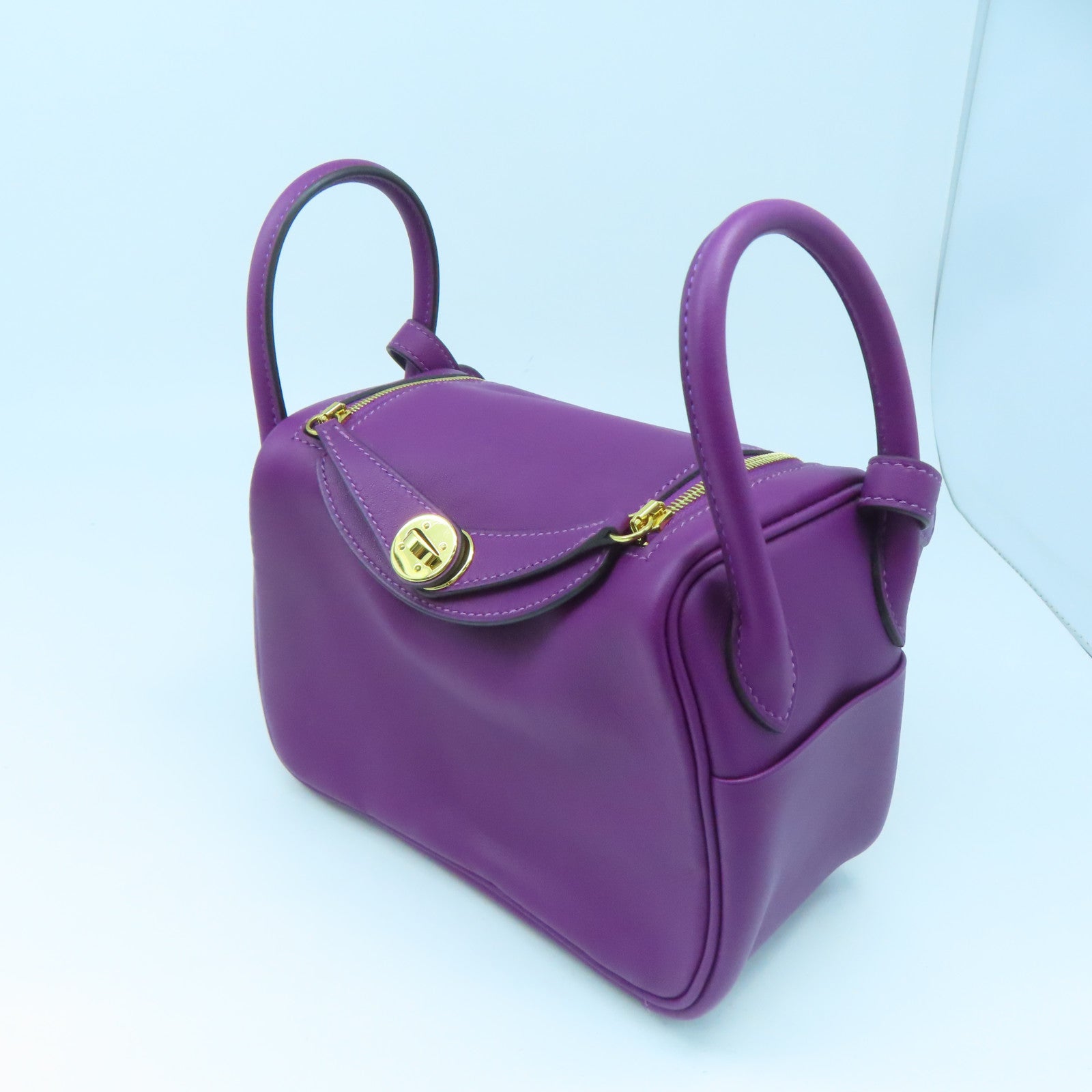 HERMES Swift Leather Mini Lindy Gold Buckle Handle Shoulder Bag Purple