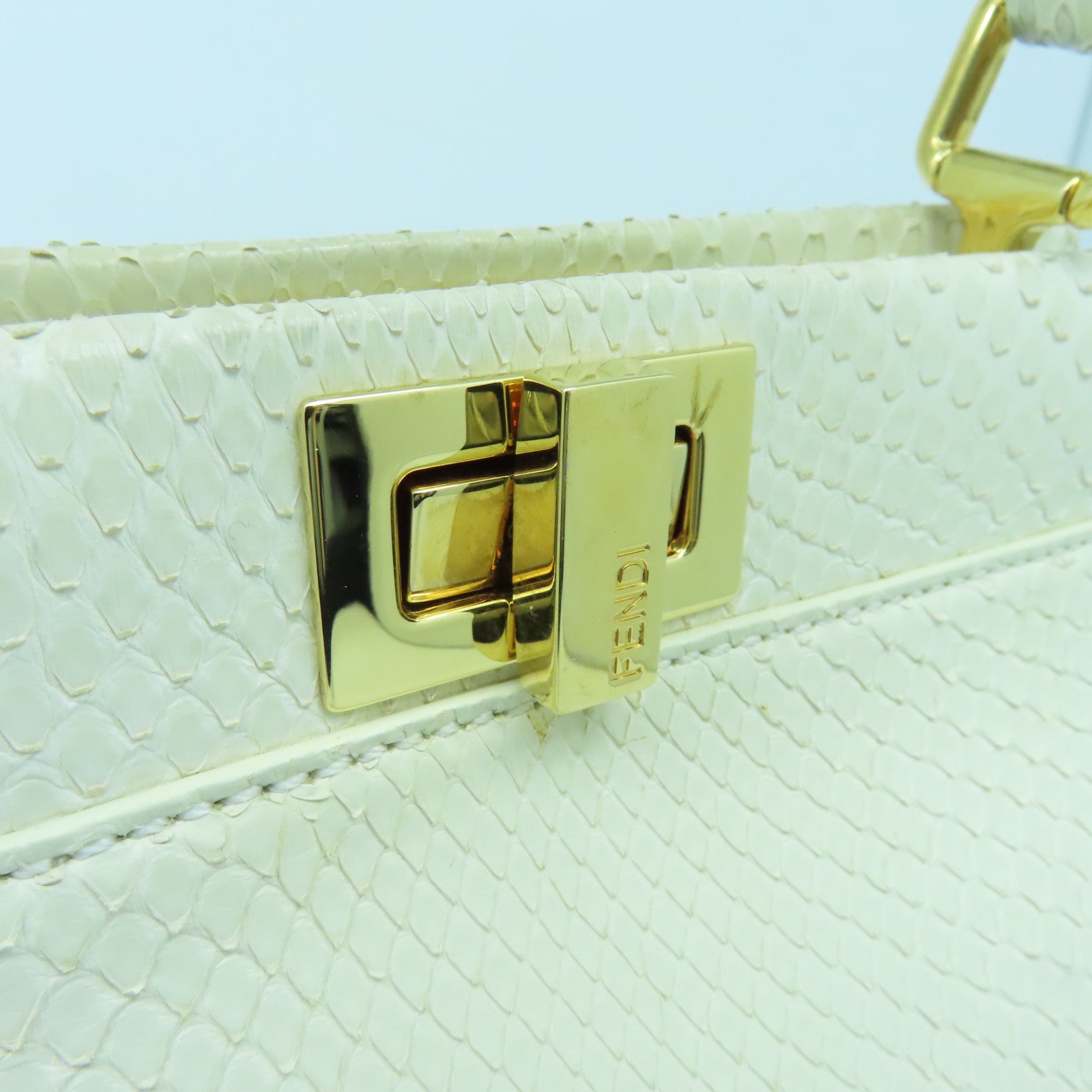 FENDI Snakeskin Leather Mini Peekaboo Gold Buckle Handle Shoulder Bag White