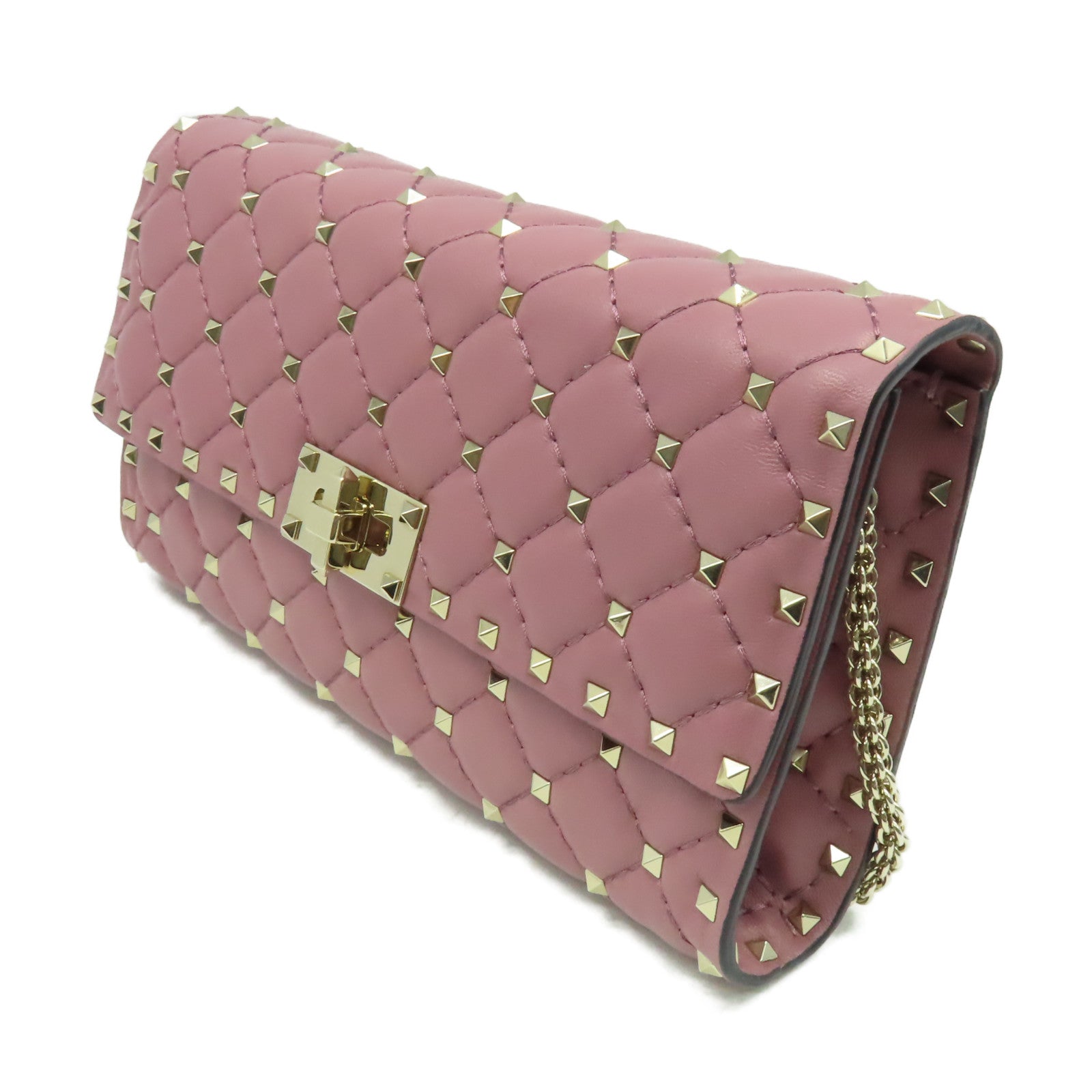 Valentino 牛皮皮革Rock Studs Chain Shoulder Bag金扣鏈帶肩背袋紫粉色