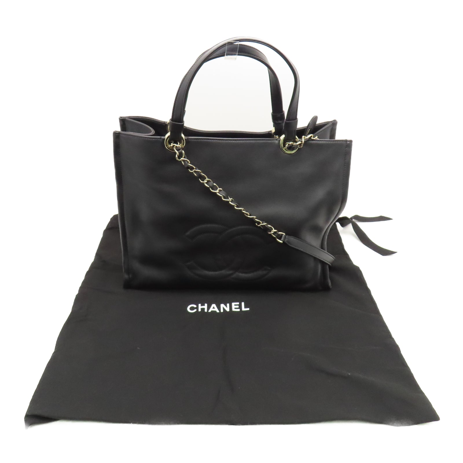 CHANEL 牛皮皮革2 Way Shoulder Handbag金扣链带肩背袋黑色