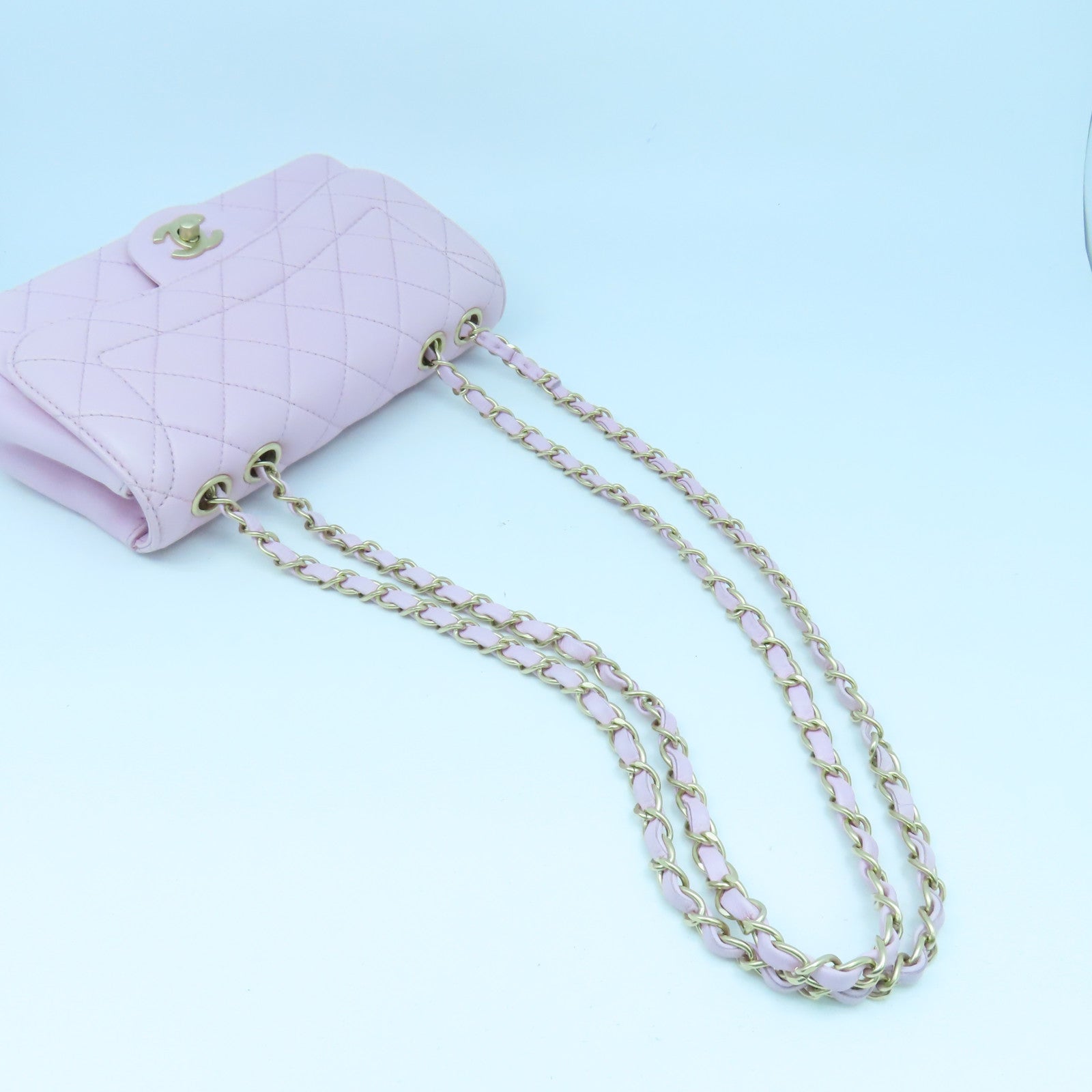 CHANEL 菱格羊皮皮革Chain Shoulder Bag金扣鏈帶肩背袋粉紅色