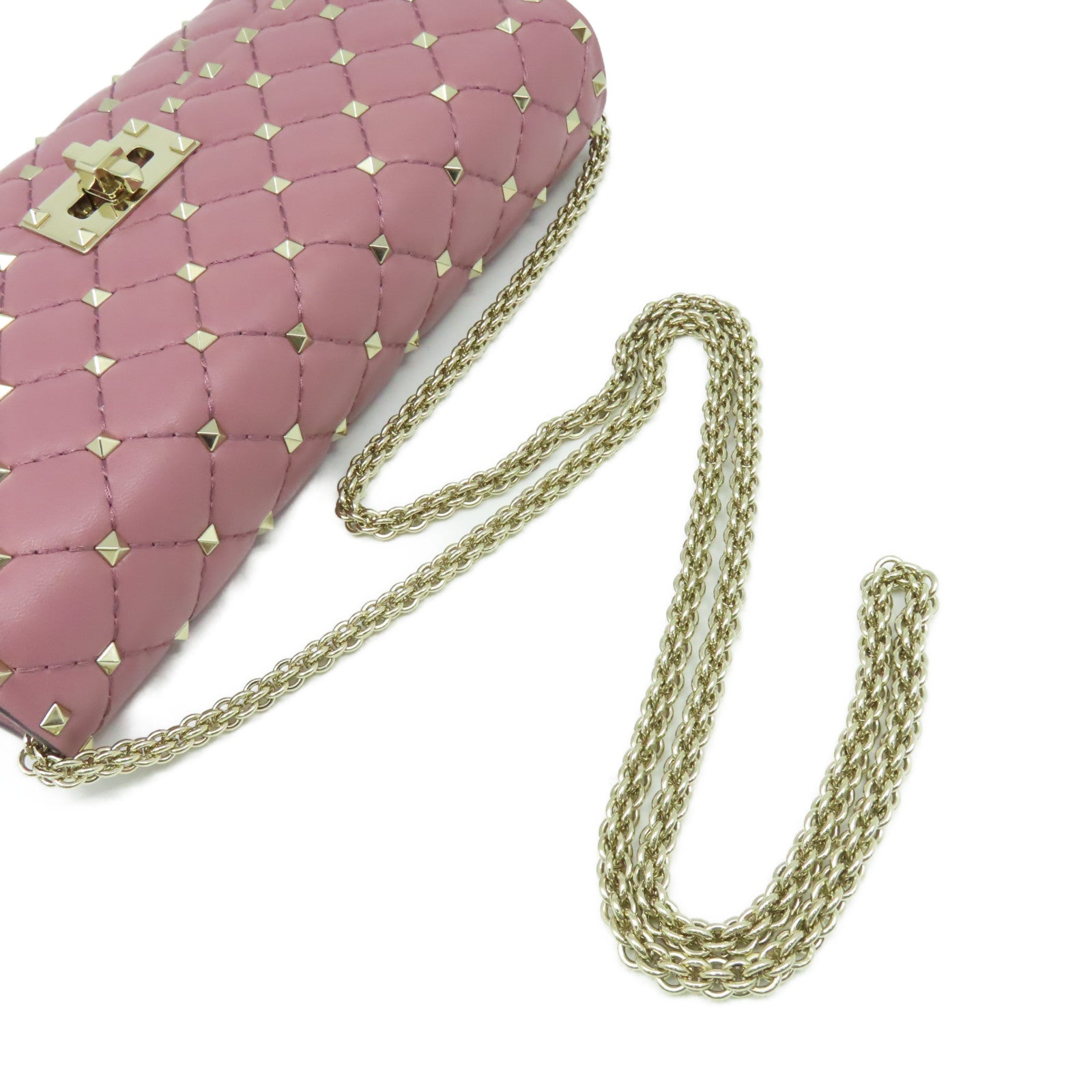 Valentino 牛皮皮革Rock Studs Chain Shoulder Bag金扣鏈帶肩背袋紫粉色