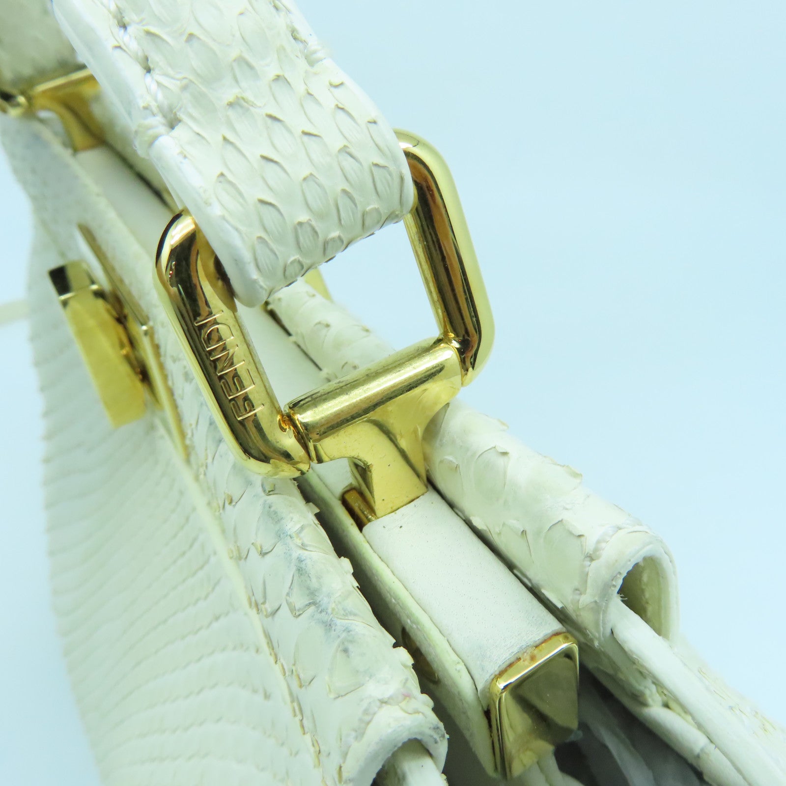 FENDI Snakeskin Leather Mini Peekaboo Gold Buckle Handle Shoulder Bag White