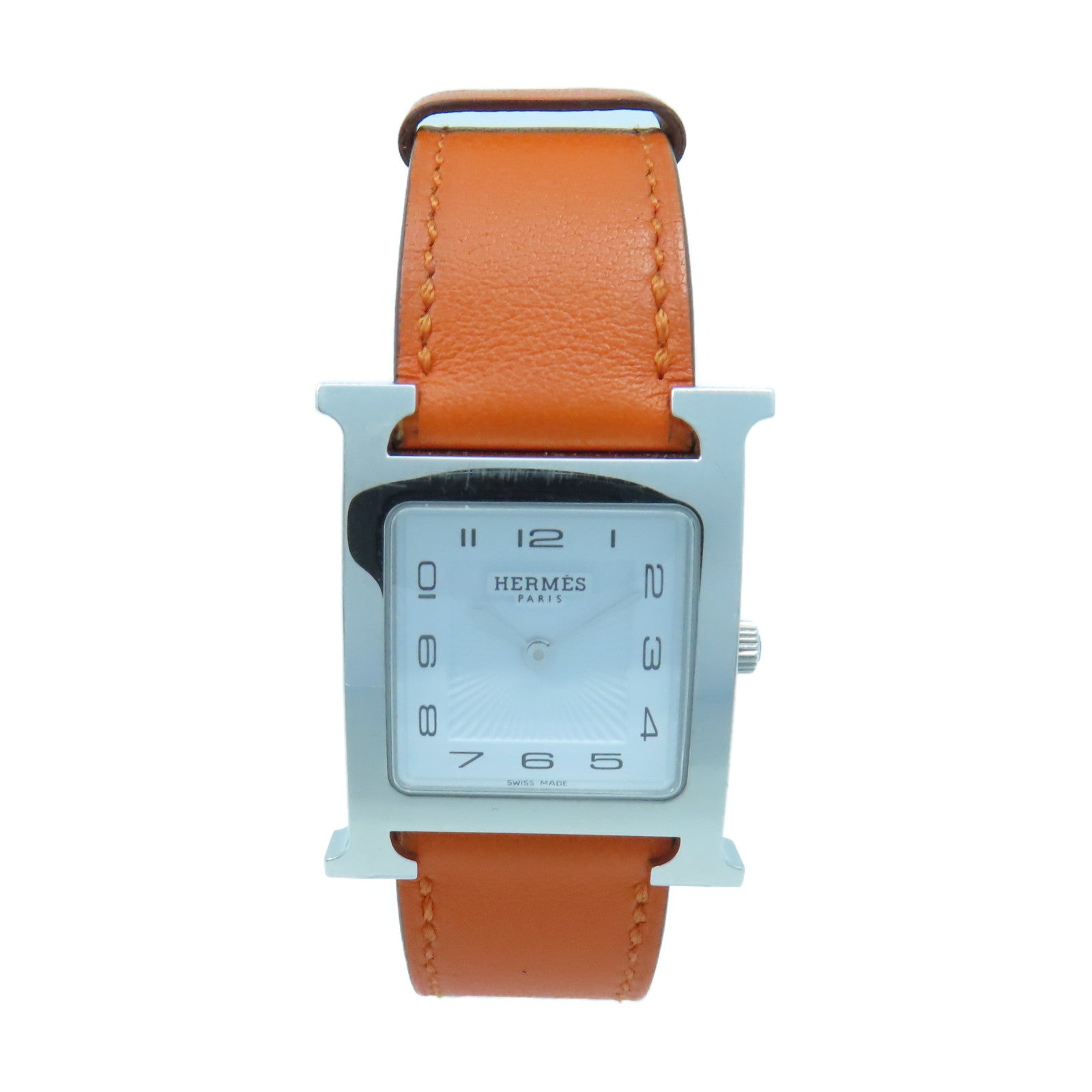 HERMES Heure H Watch GM不鏽鋼手錶石英機芯白色/橙色