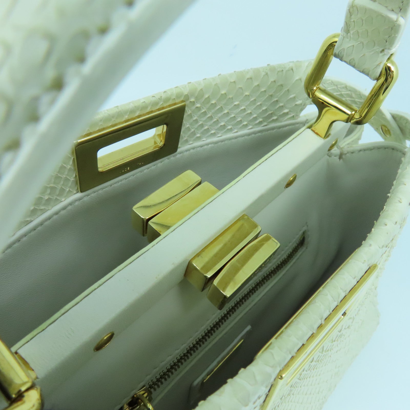 FENDI Snakeskin Leather Mini Peekaboo Gold Buckle Handle Shoulder Bag White