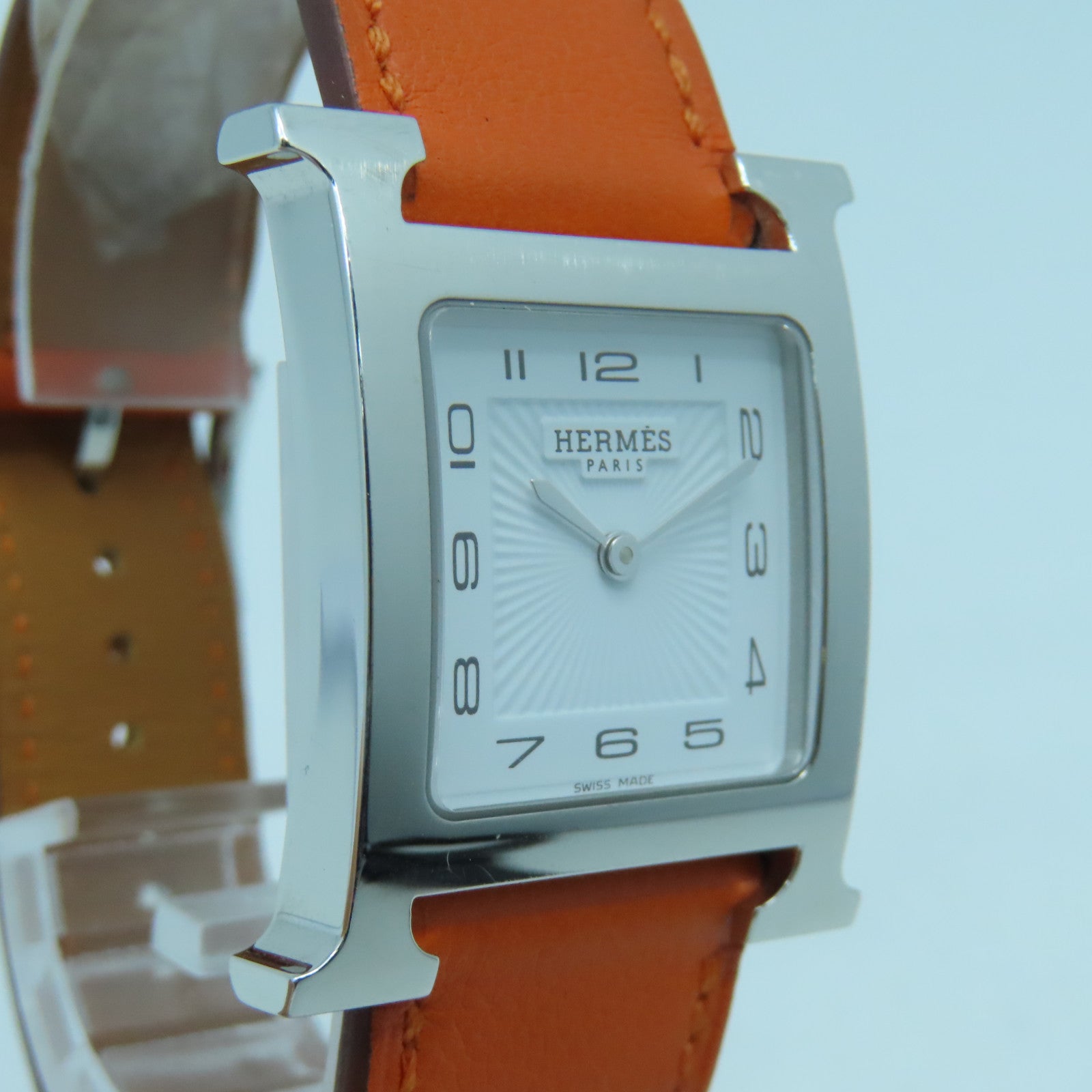 HERMES Heure H Watch GM不鏽鋼手錶石英機芯白色/橙色