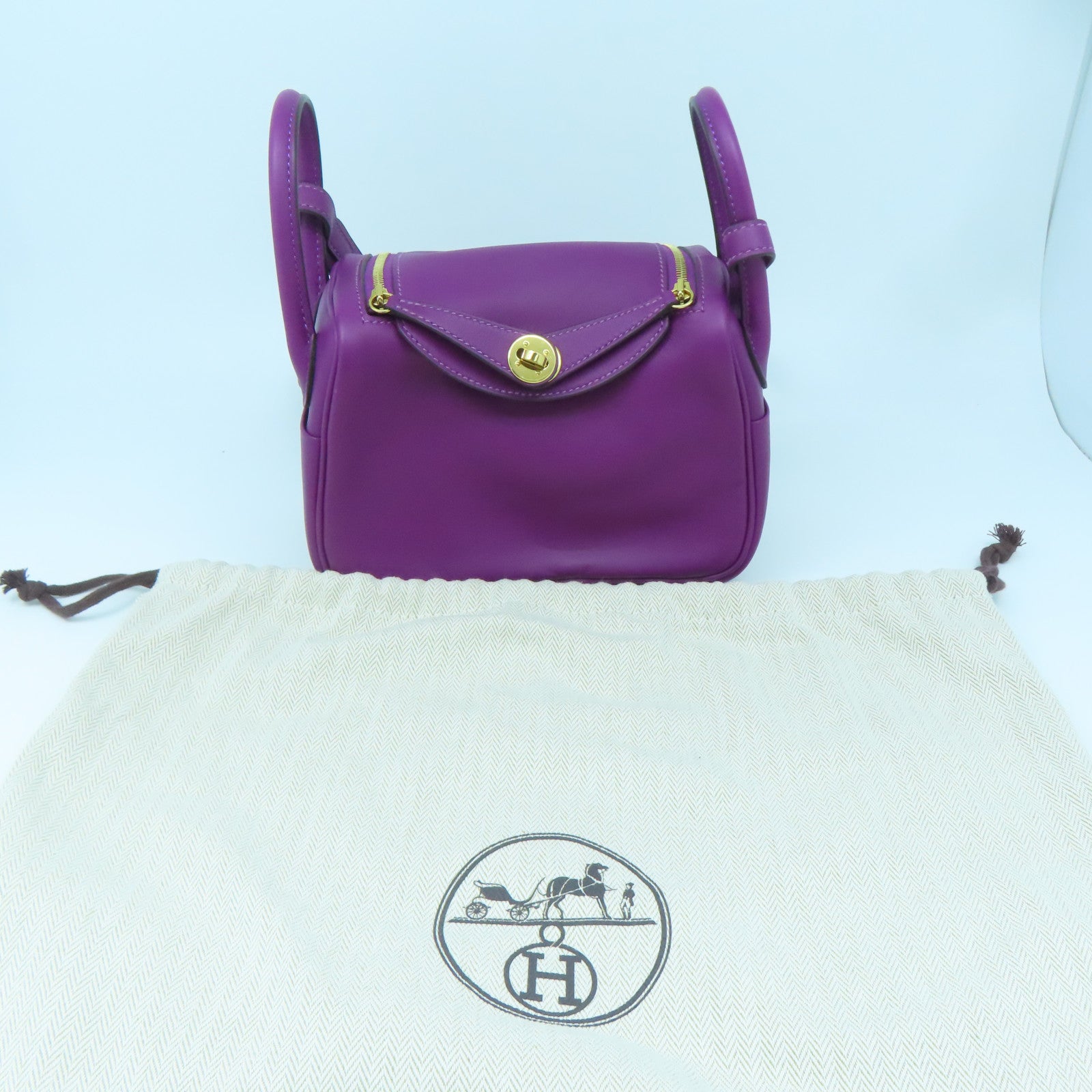 HERMES Swift Leather Mini Lindy Gold Buckle Handle Shoulder Bag Purple