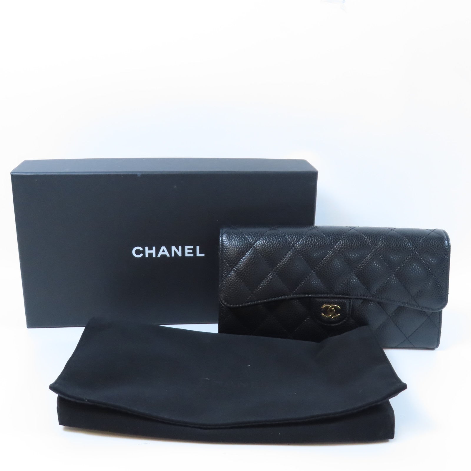 CHANEL 菱格Caviar皮革Long Wallet金扣長錢包黑色