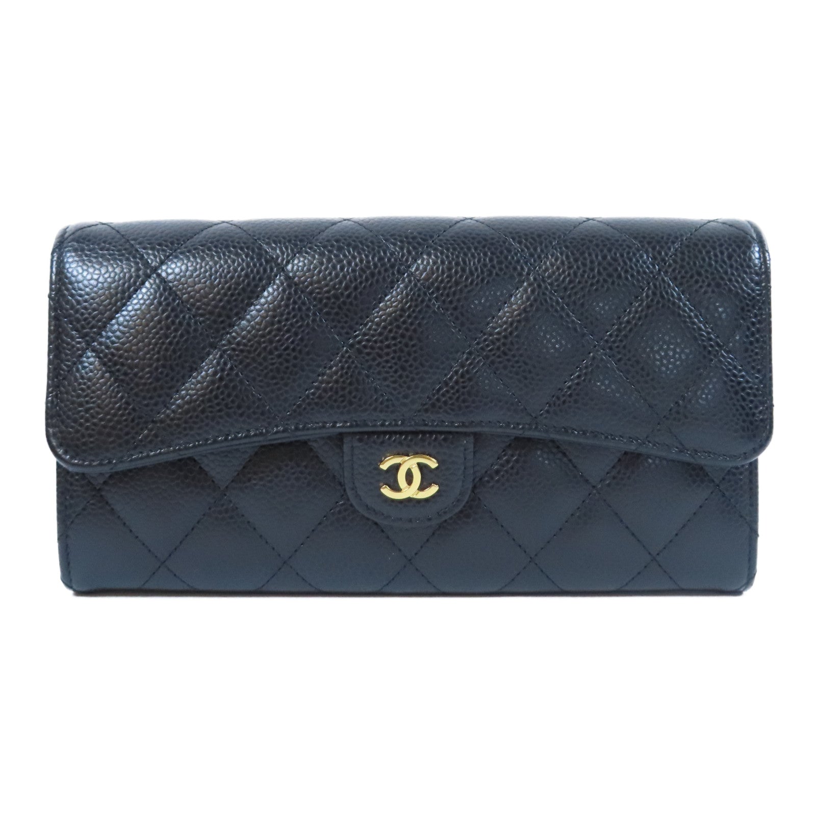 CHANEL 菱格Caviar皮革Long Wallet金扣長錢包黑色