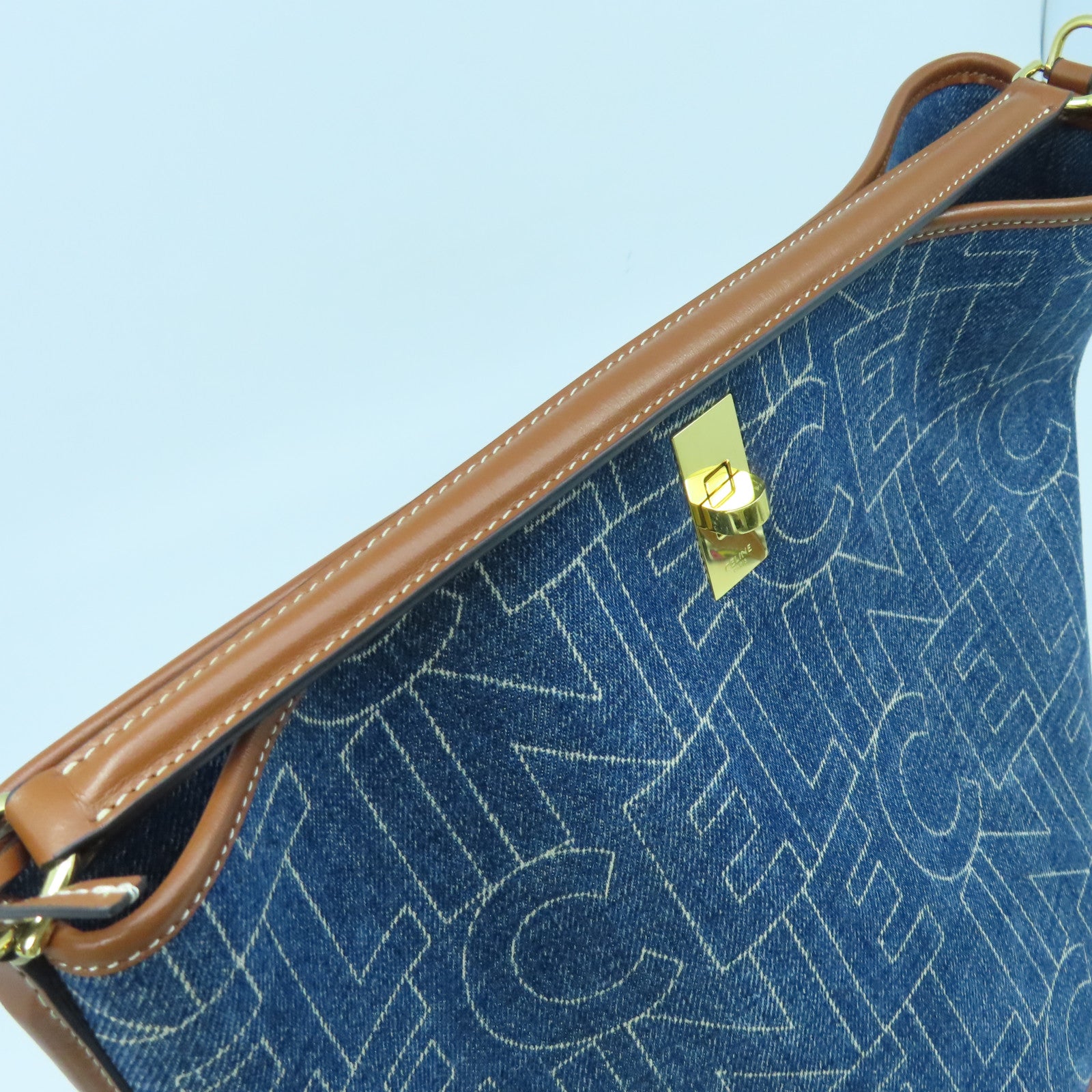CELINE 【激減優惠】牛仔布/牛皮皮革Bucket 16金扣手挽肩背兩用袋藍色