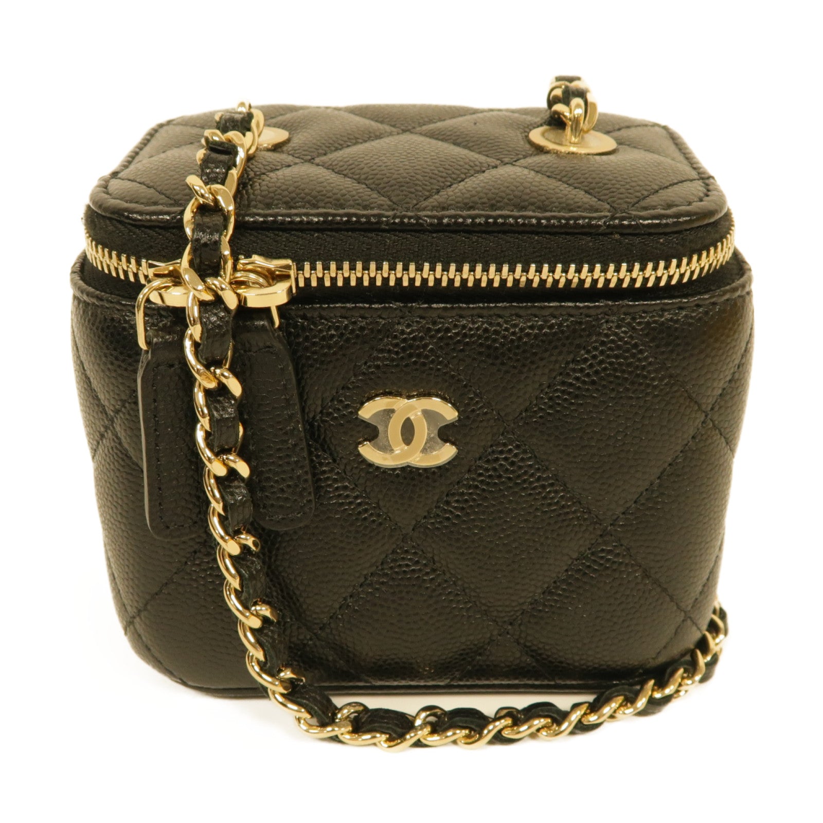 CHANEL 菱格Caviar皮革Vanity Case金扣鏈帶肩背袋黑色