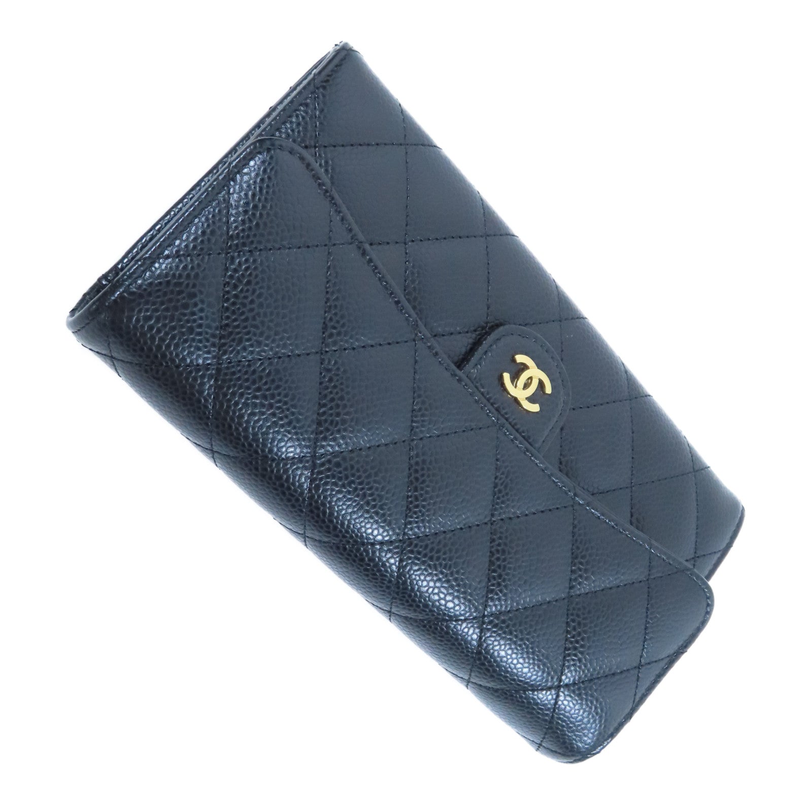 CHANEL 菱格Caviar皮革Long Wallet金扣長錢包黑色