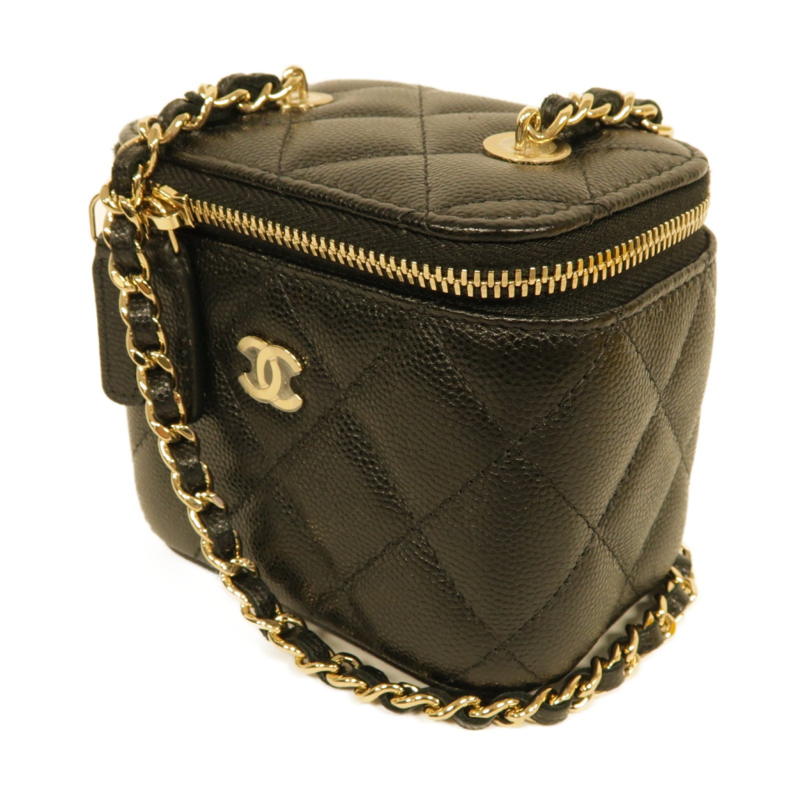 CHANEL 菱格Caviar皮革Vanity Case金扣鏈帶肩背袋黑色