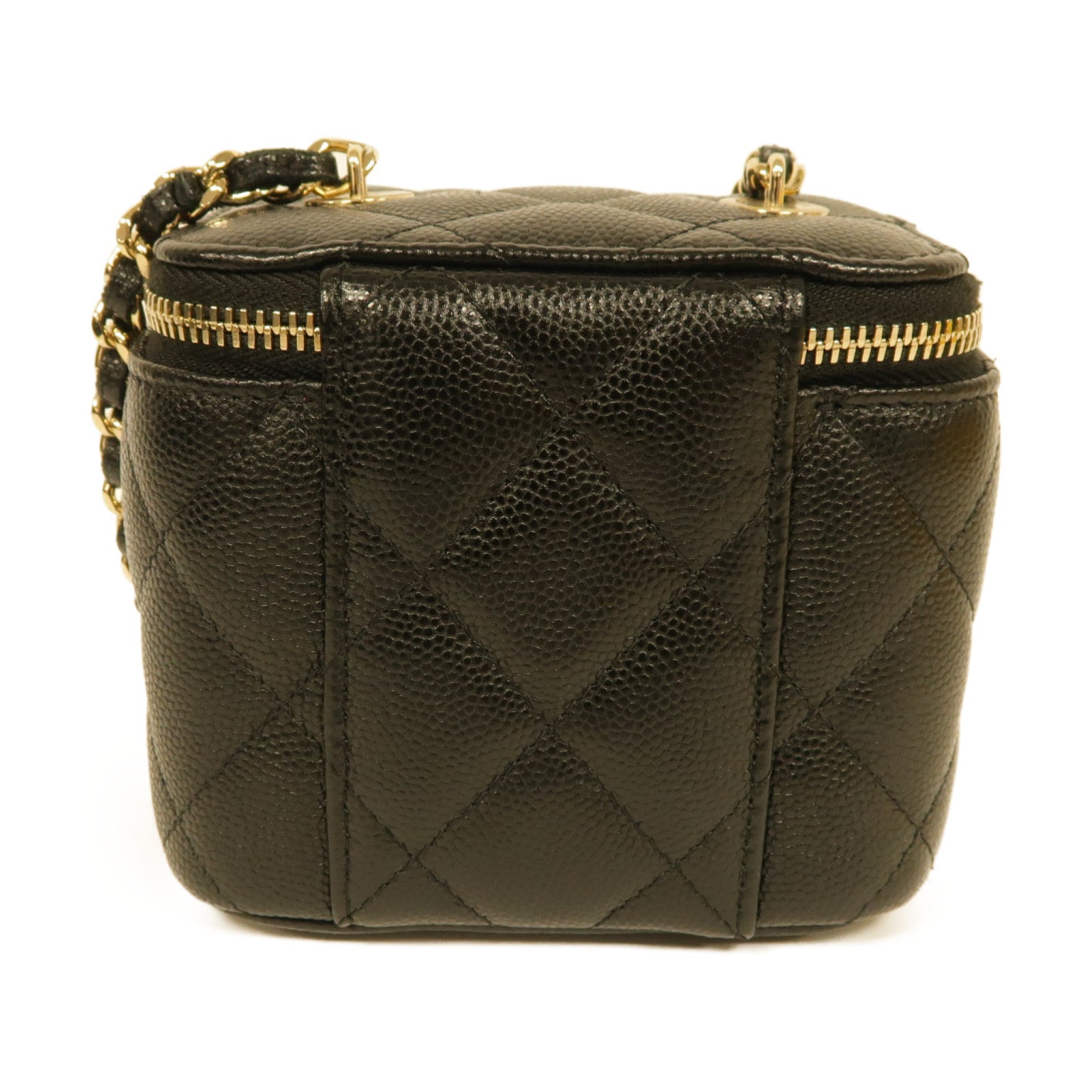 CHANEL 菱格Caviar皮革Vanity Case金扣鏈帶肩背袋黑色