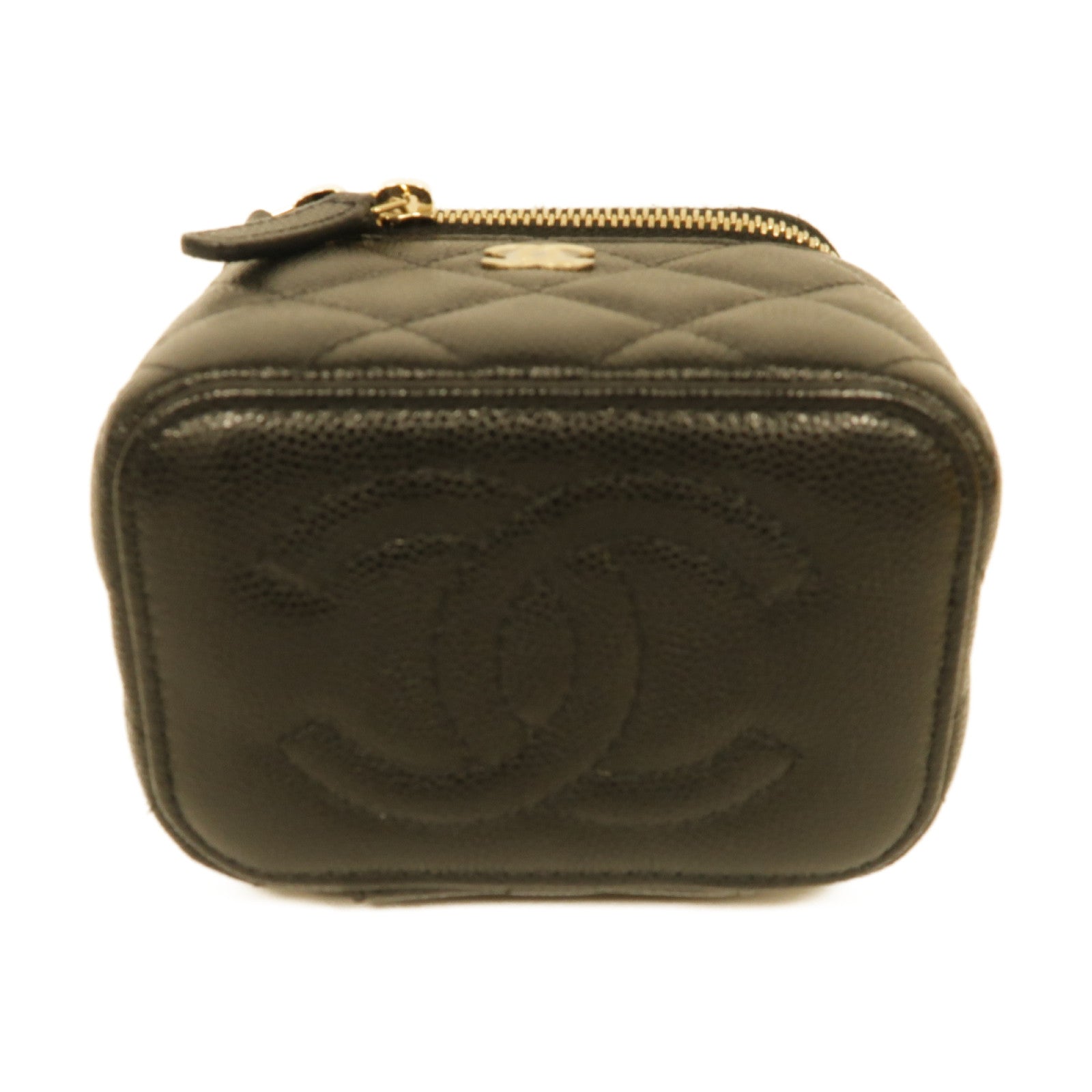 CHANEL 菱格Caviar皮革Vanity Case金扣鏈帶肩背袋黑色