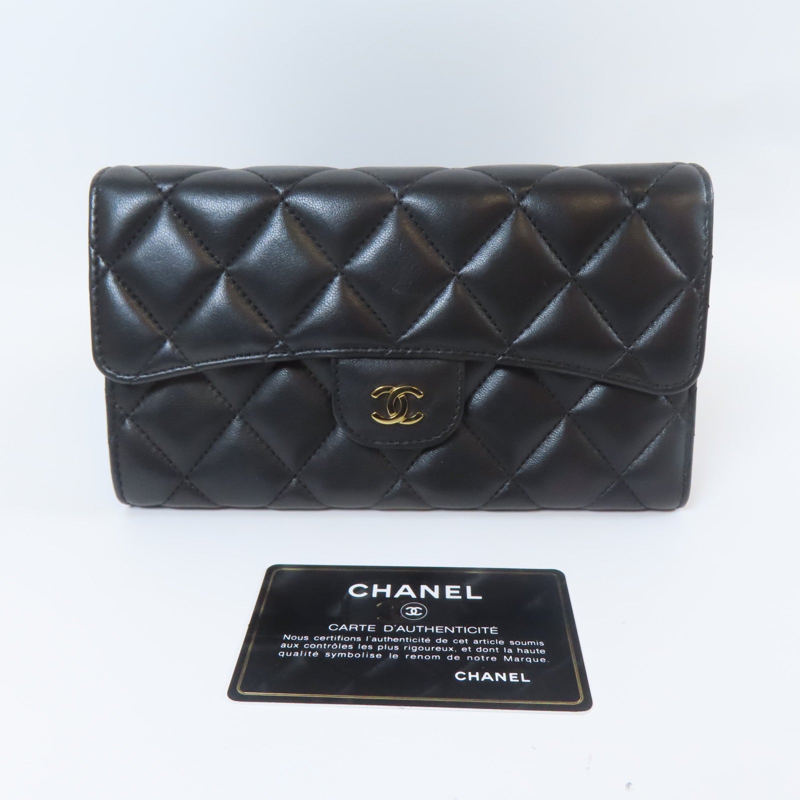 CHANEL 菱格羊皮皮革Long Wallet金扣錢包黑色
