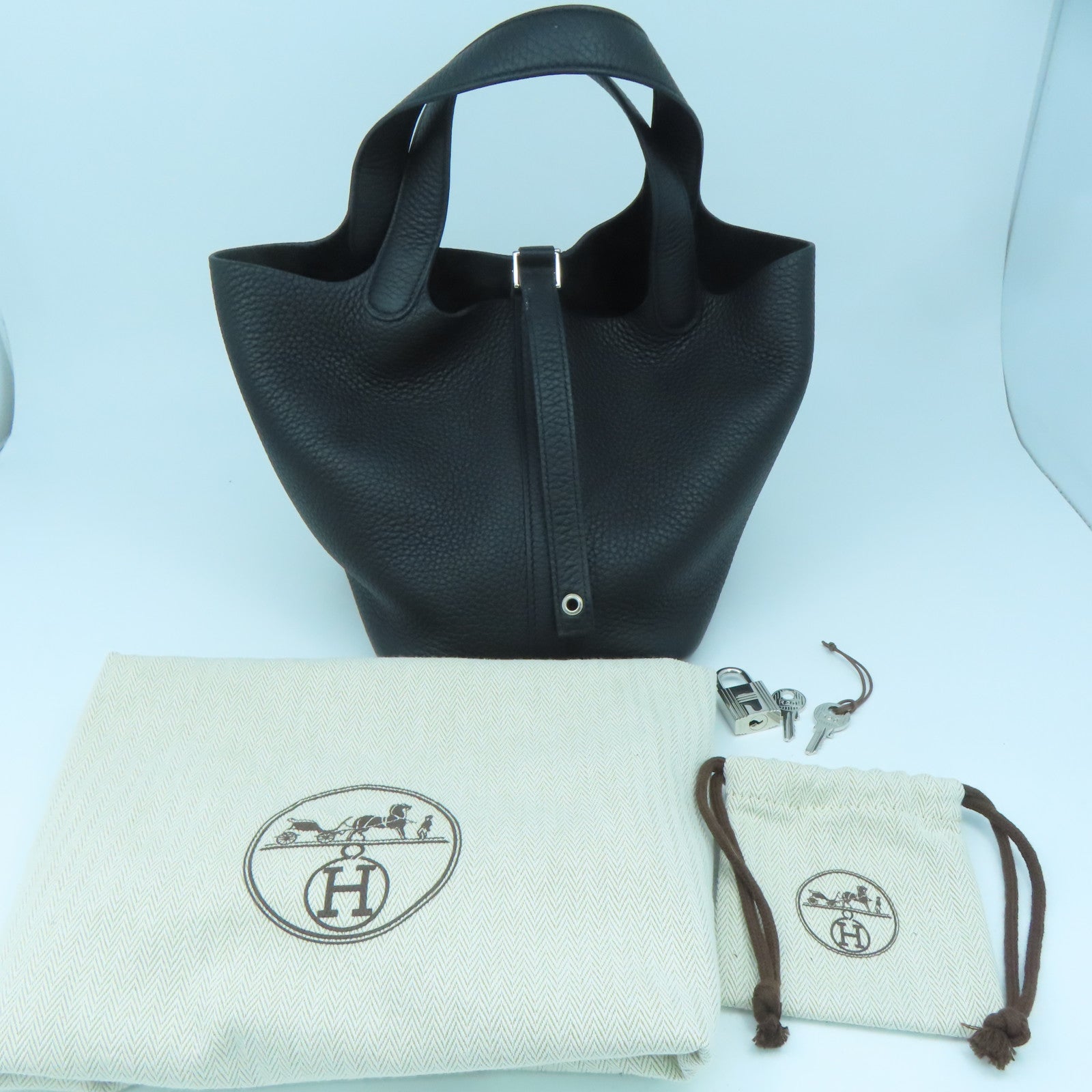 HERMES Clemence Leather Picotin PM Silver Button Handle Bag