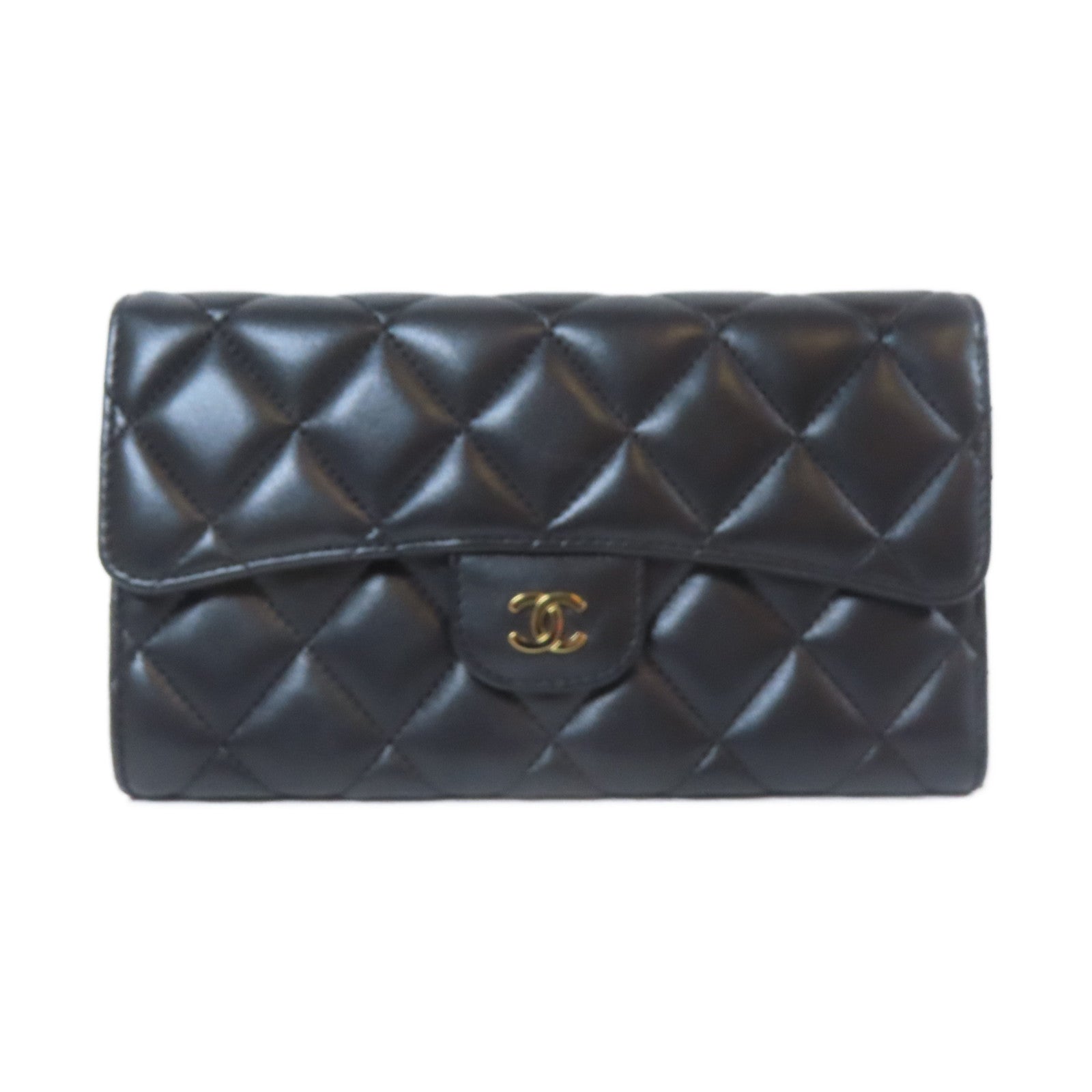 CHANEL 菱格羊皮皮革Long Wallet金扣錢包黑色