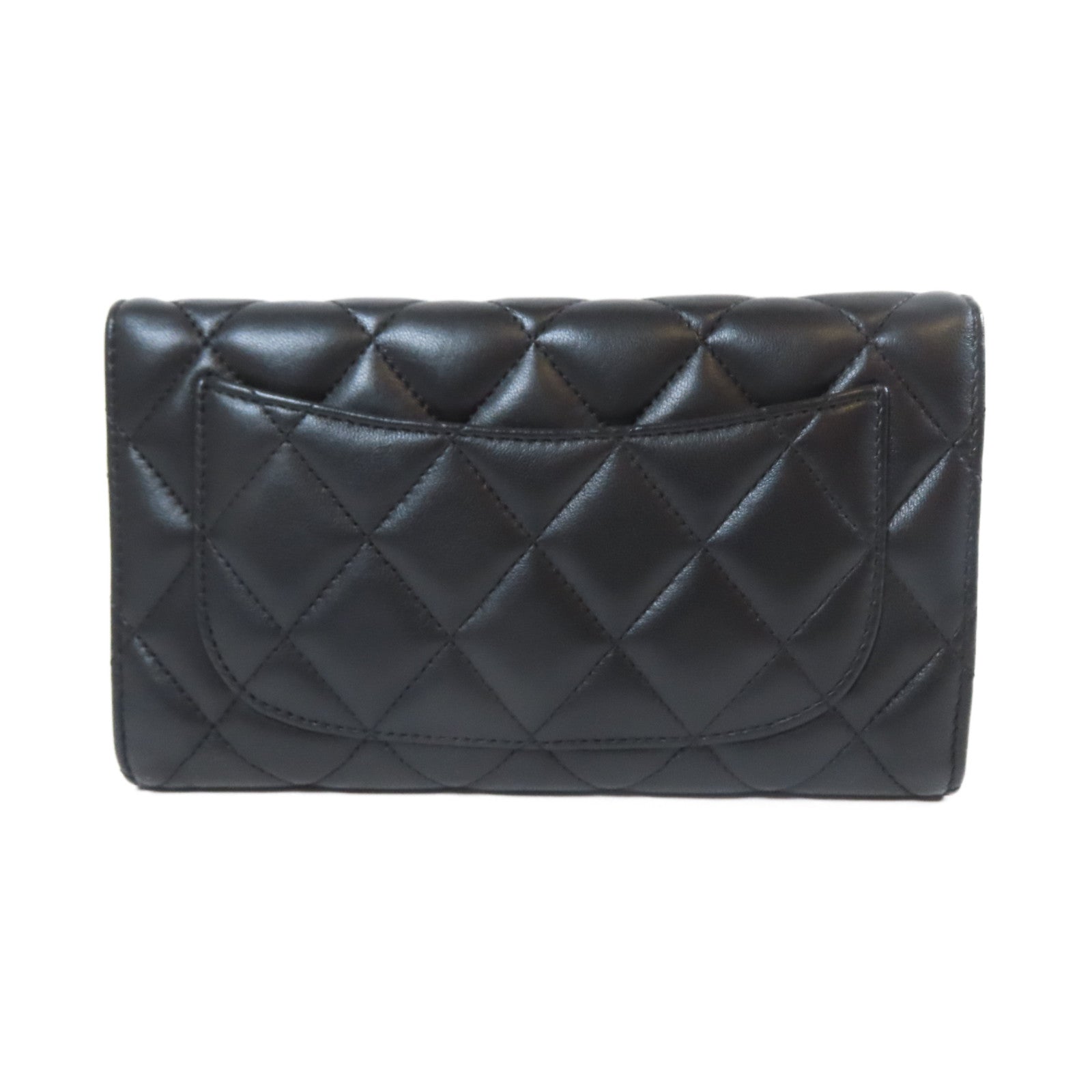 CHANEL 菱格羊皮皮革Long Wallet金扣錢包黑色