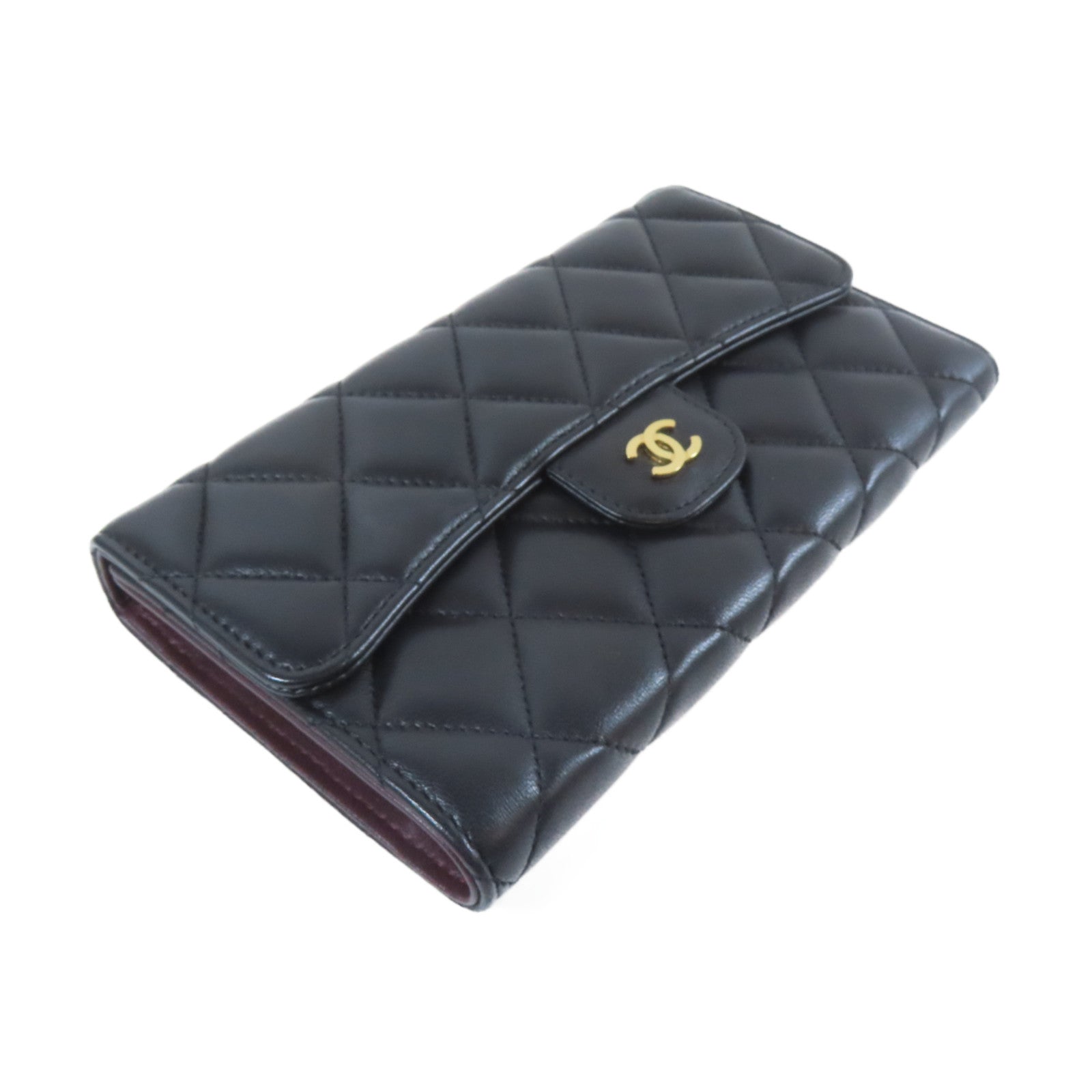 CHANEL 菱格羊皮皮革Long Wallet金扣錢包黑色