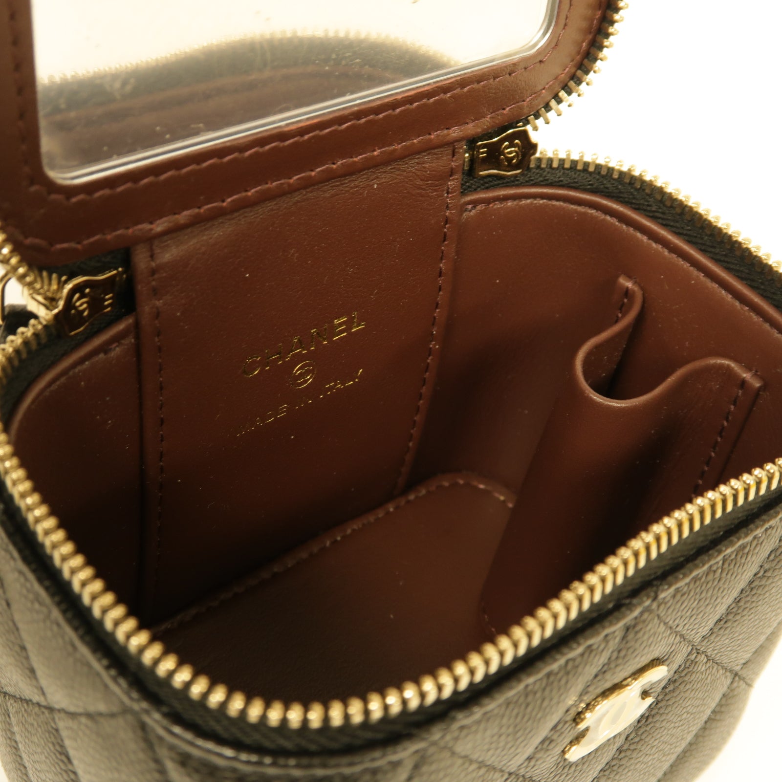CHANEL 菱格Caviar皮革Vanity Case金扣鏈帶肩背袋黑色