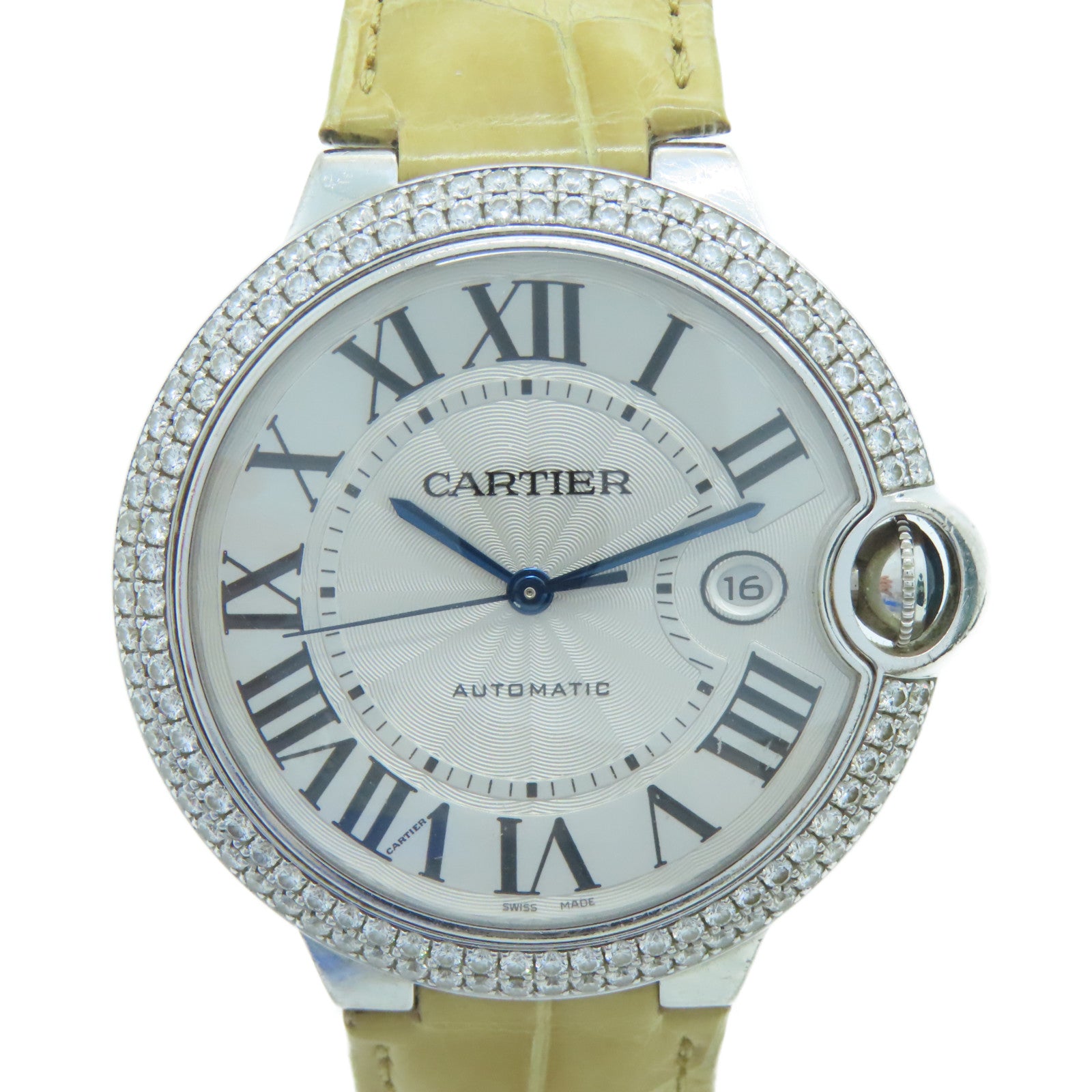 CARTIER 【激減優惠】18K白金Ballon Blue鑽石皮革帶手錶自動機芯米色