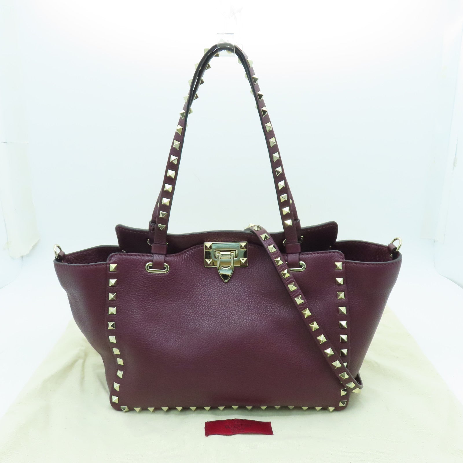 Valentino 牛皮皮革2 Way Shoulder Bag銀扣手挽肩背兩用袋深紅色
