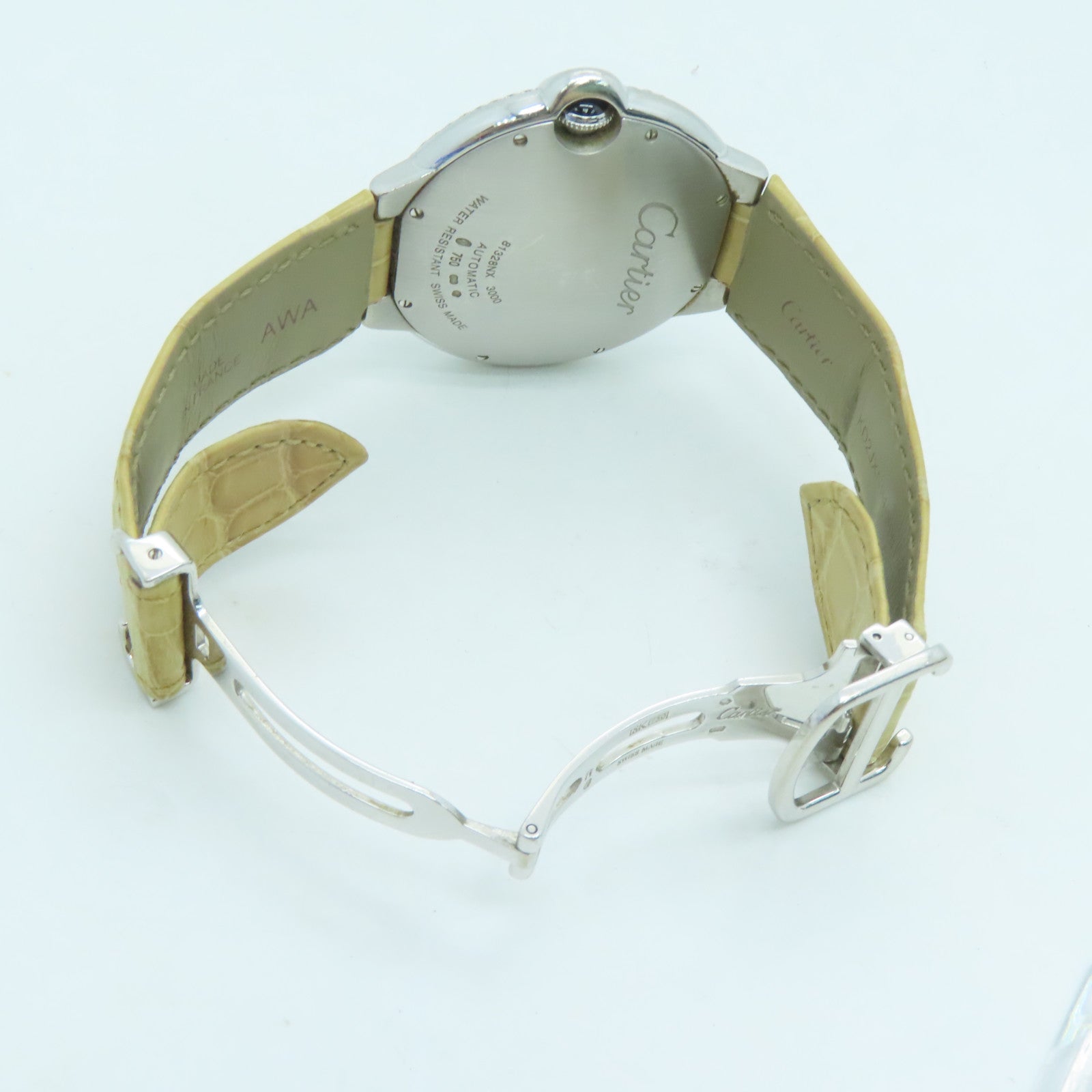 CARTIER 【激減優惠】18K白金Ballon Blue鑽石皮革帶手錶自動機芯米色