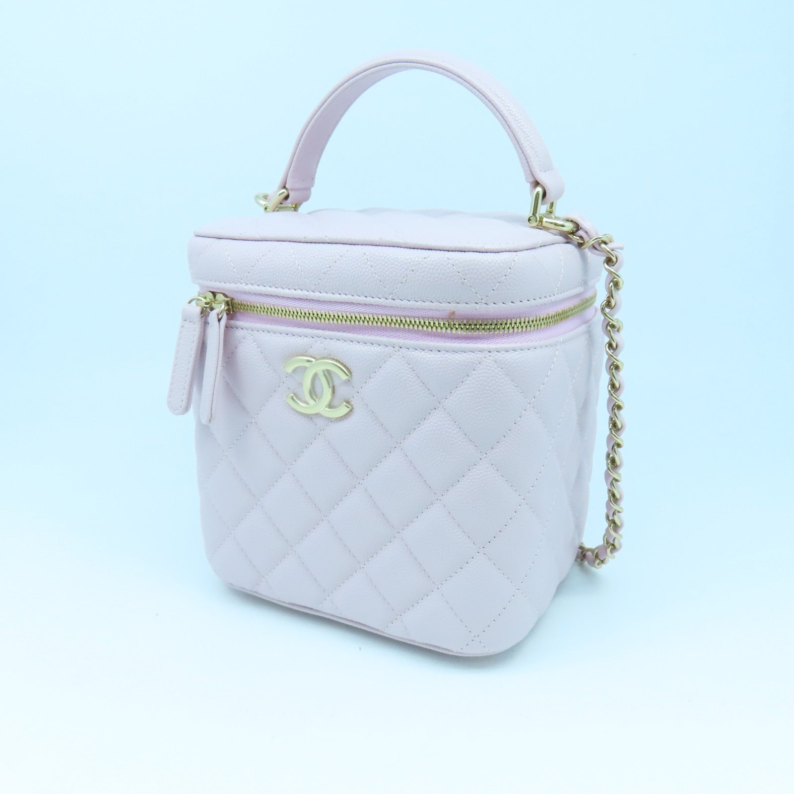 CHANEL 【激減優惠】菱格Caviar皮革Vanity Case金扣鏈帶肩背袋粉紅色
