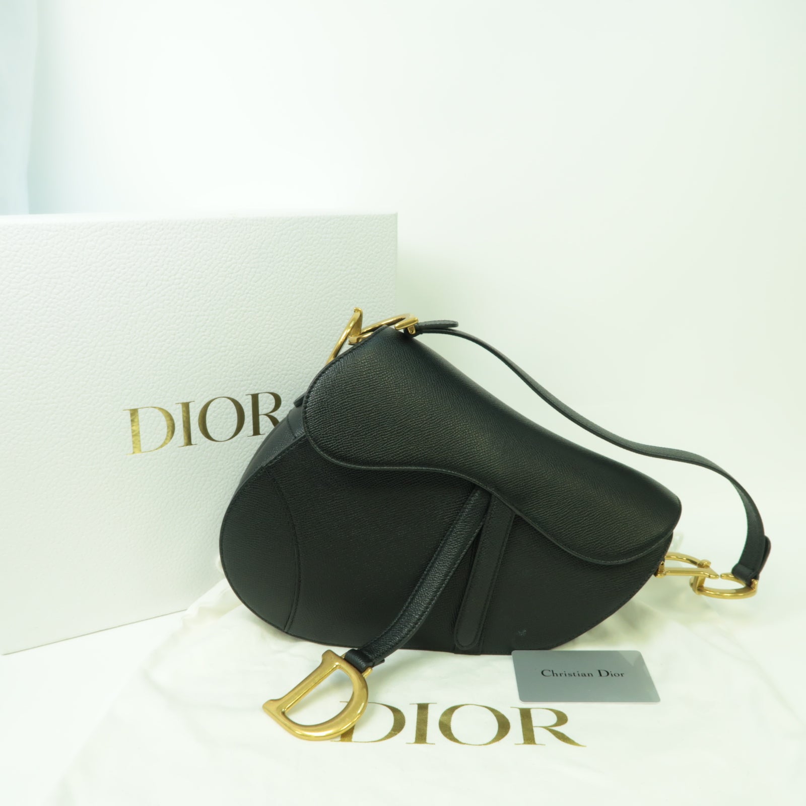 Dior 牛皮皮革Saddle Bag金扣手挽袋黒色