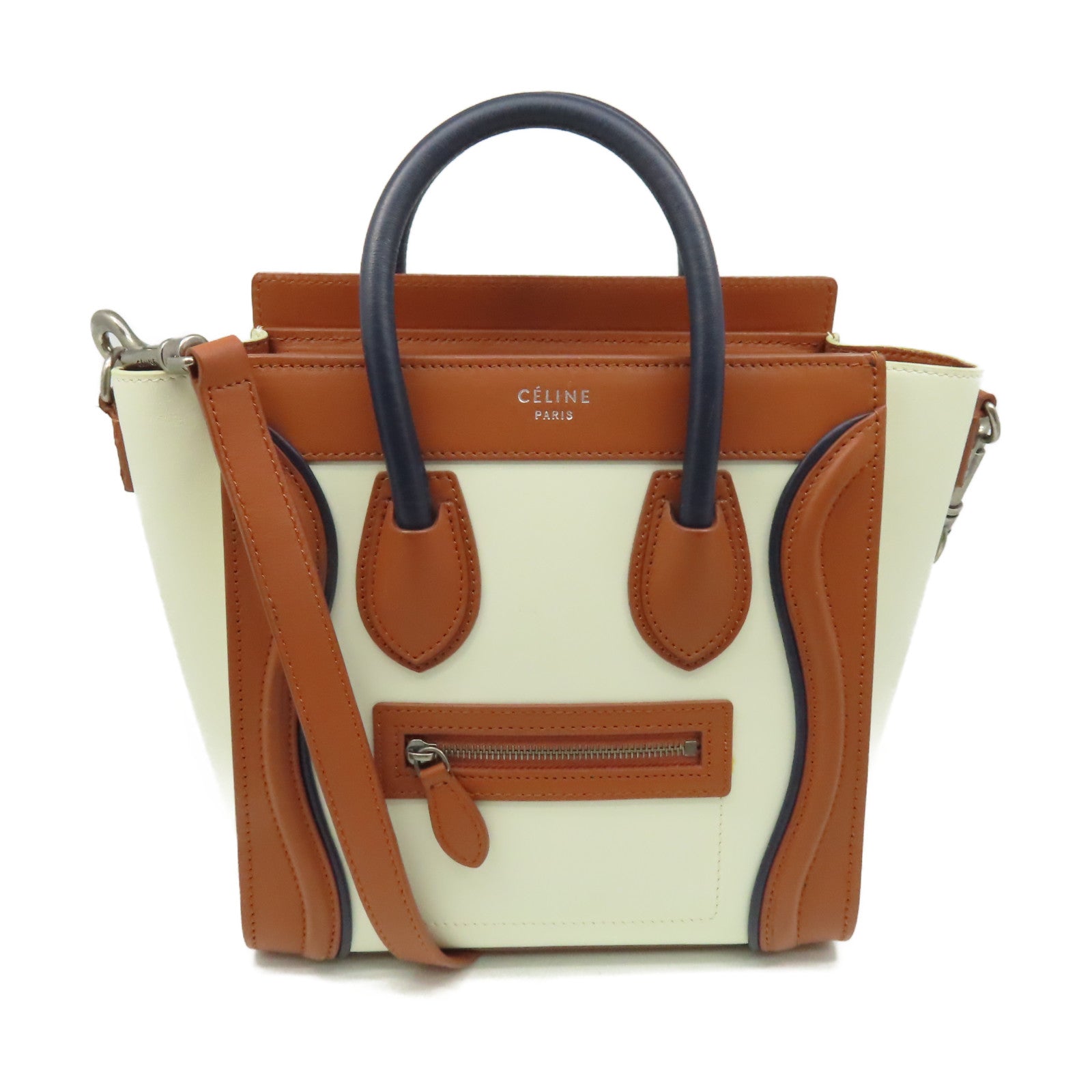 CELINE 牛皮皮革Nano Luggage 2Way Shoulder Bag手挽肩背兩用袋米白色/啡色
