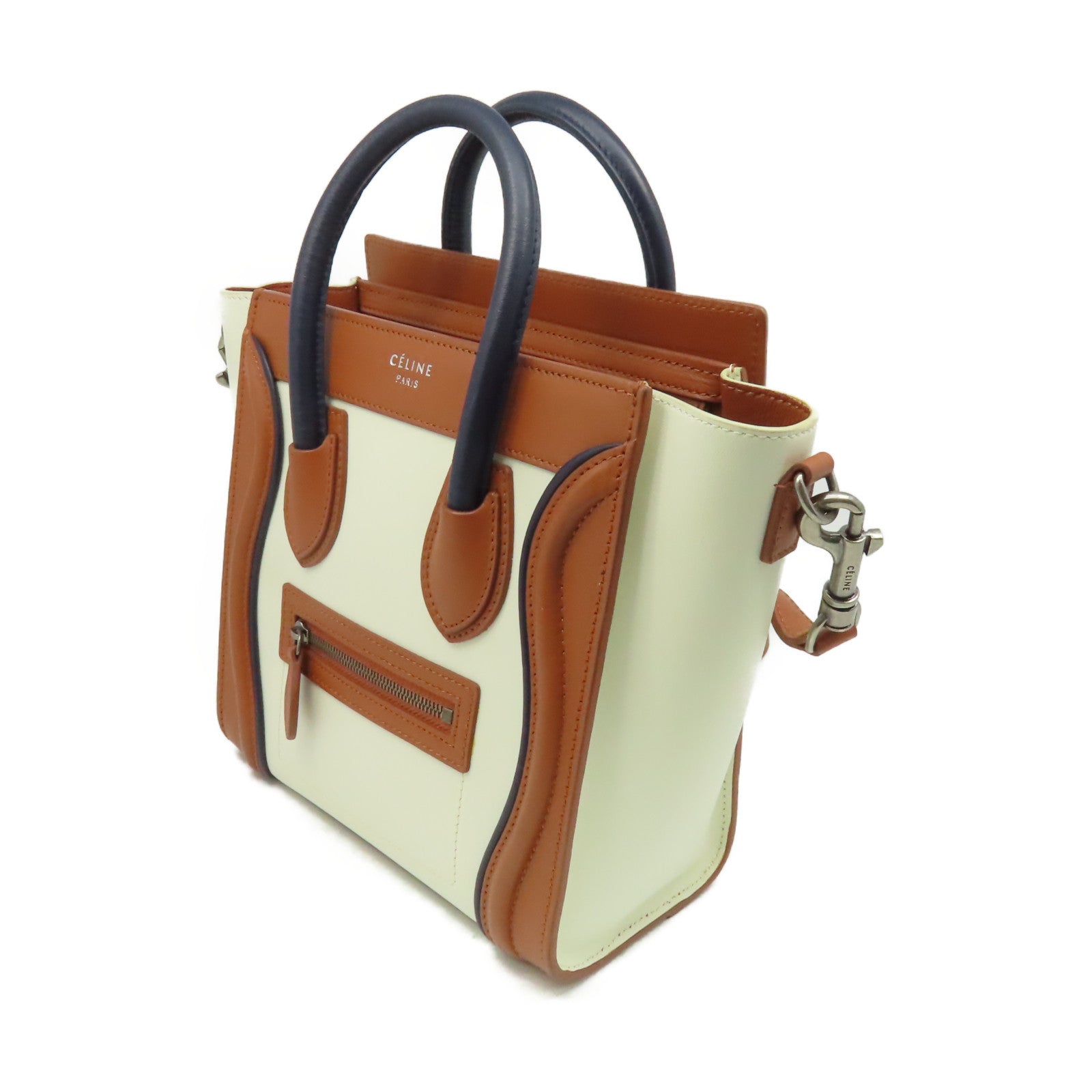 CELINE 牛皮皮革Nano Luggage 2Way Shoulder Bag手挽肩背兩用袋米白色/啡色
