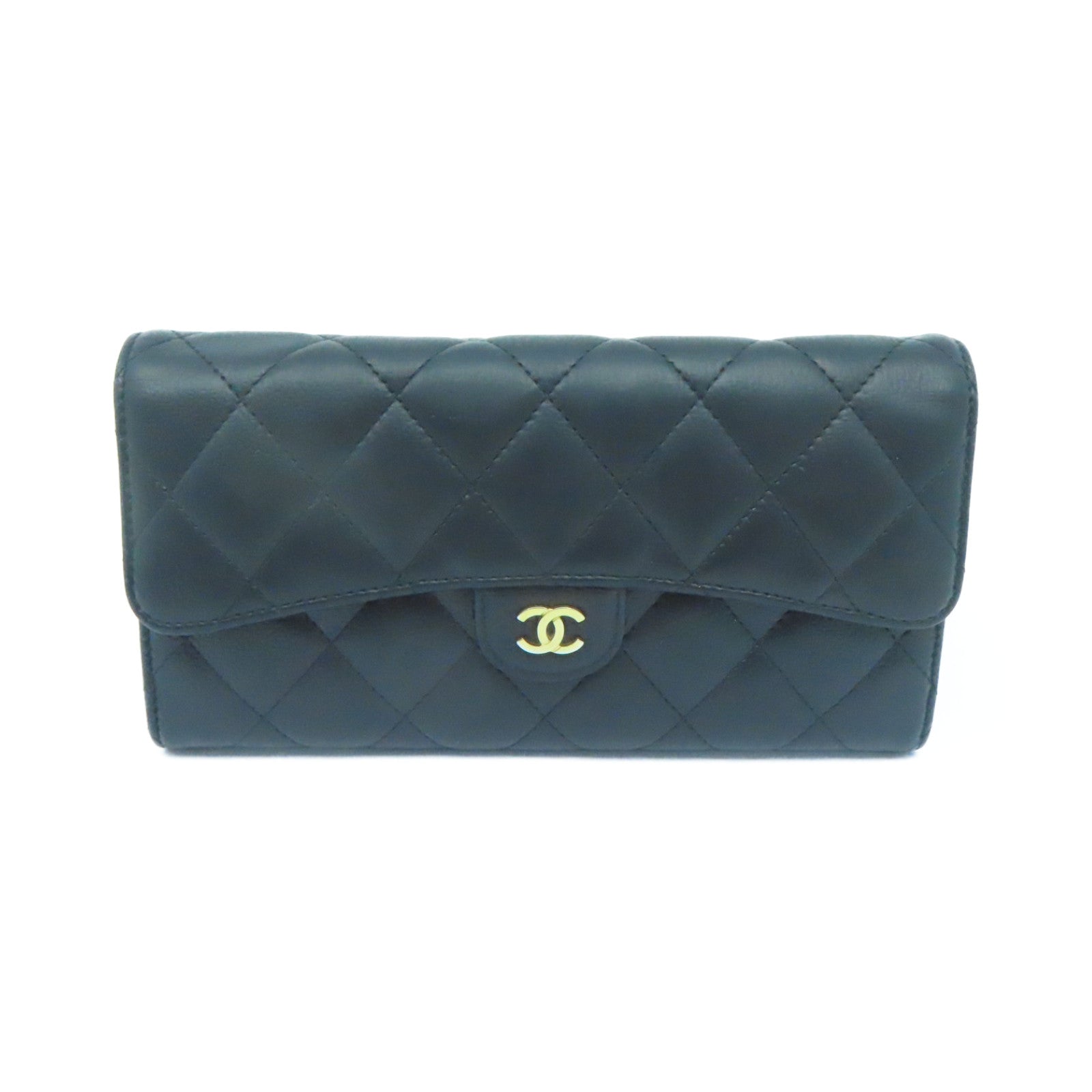 CHANEL 菱格牛皮皮革Long Wallet銀扣黑色