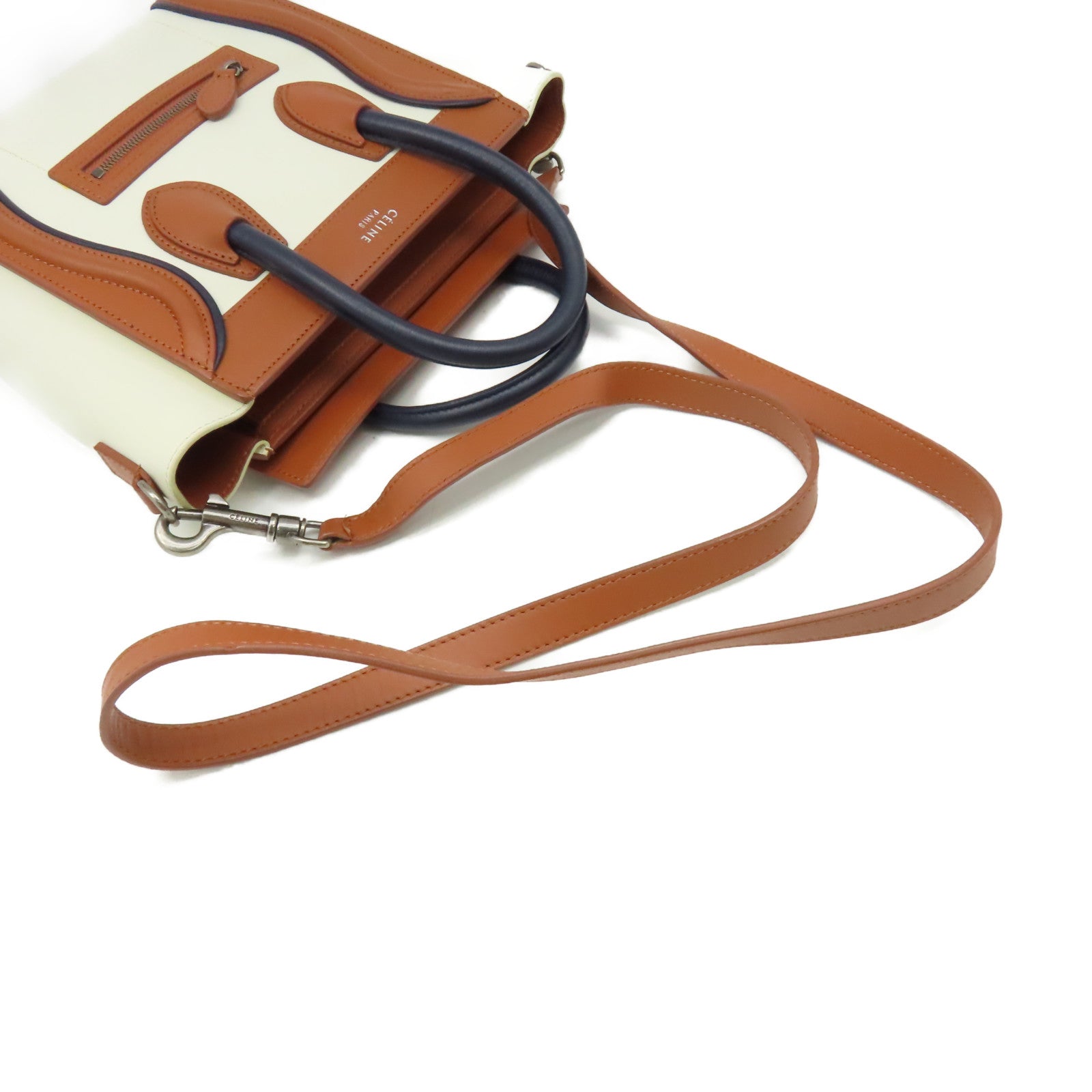 CELINE 牛皮皮革Nano Luggage 2Way Shoulder Bag手挽肩背兩用袋米白色/啡色