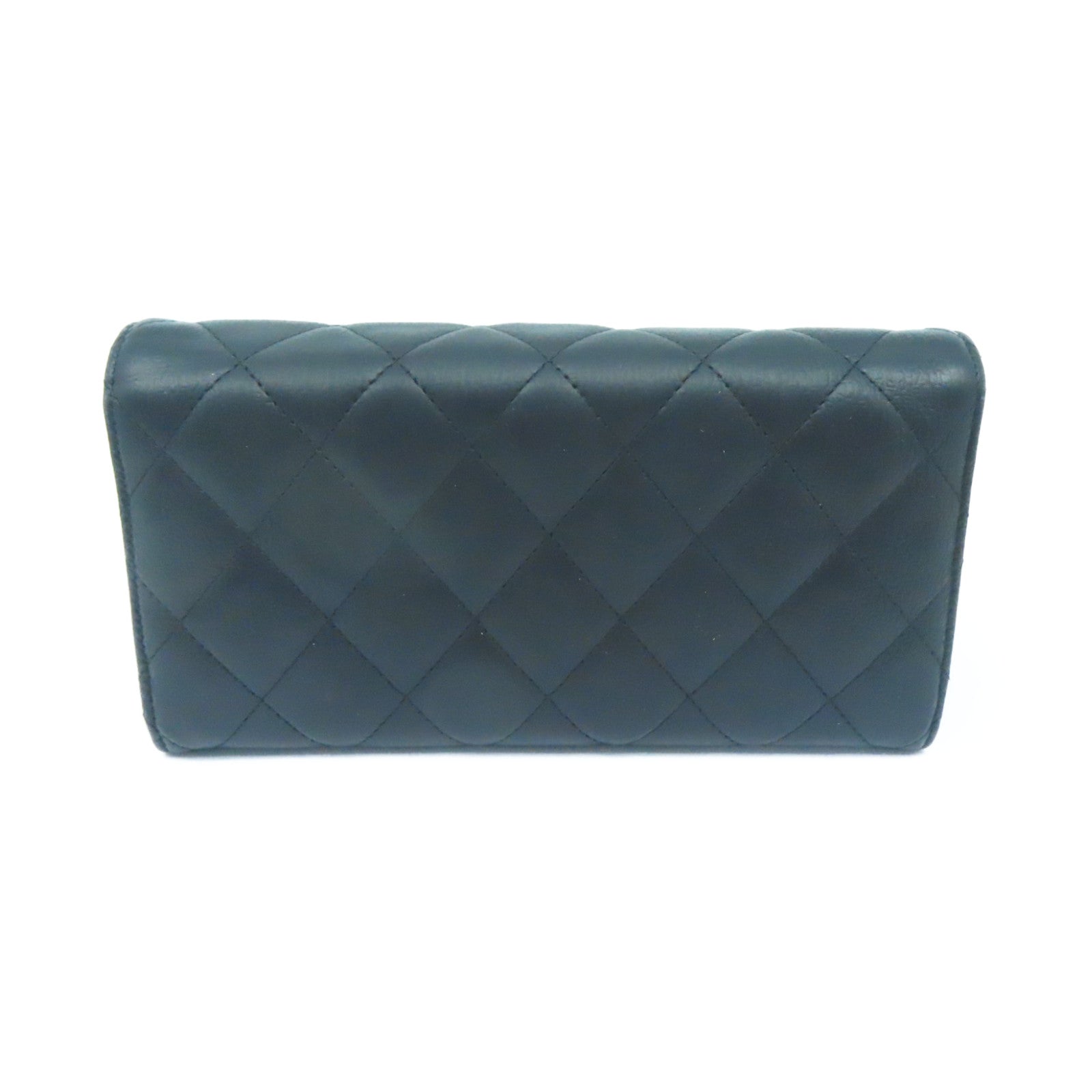 CHANEL 菱格牛皮皮革Long Wallet銀扣黑色