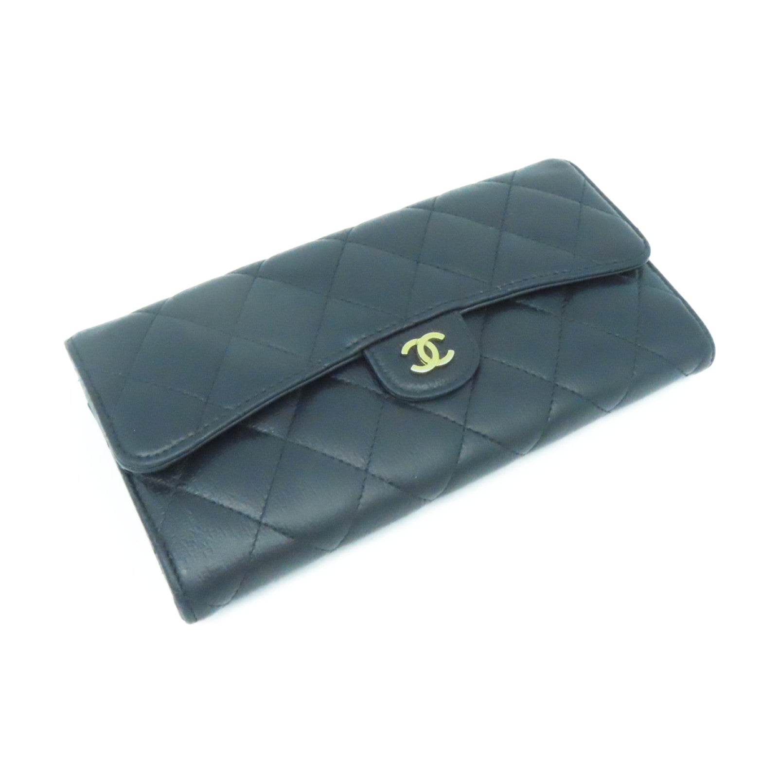 CHANEL 菱格牛皮皮革Long Wallet銀扣黑色