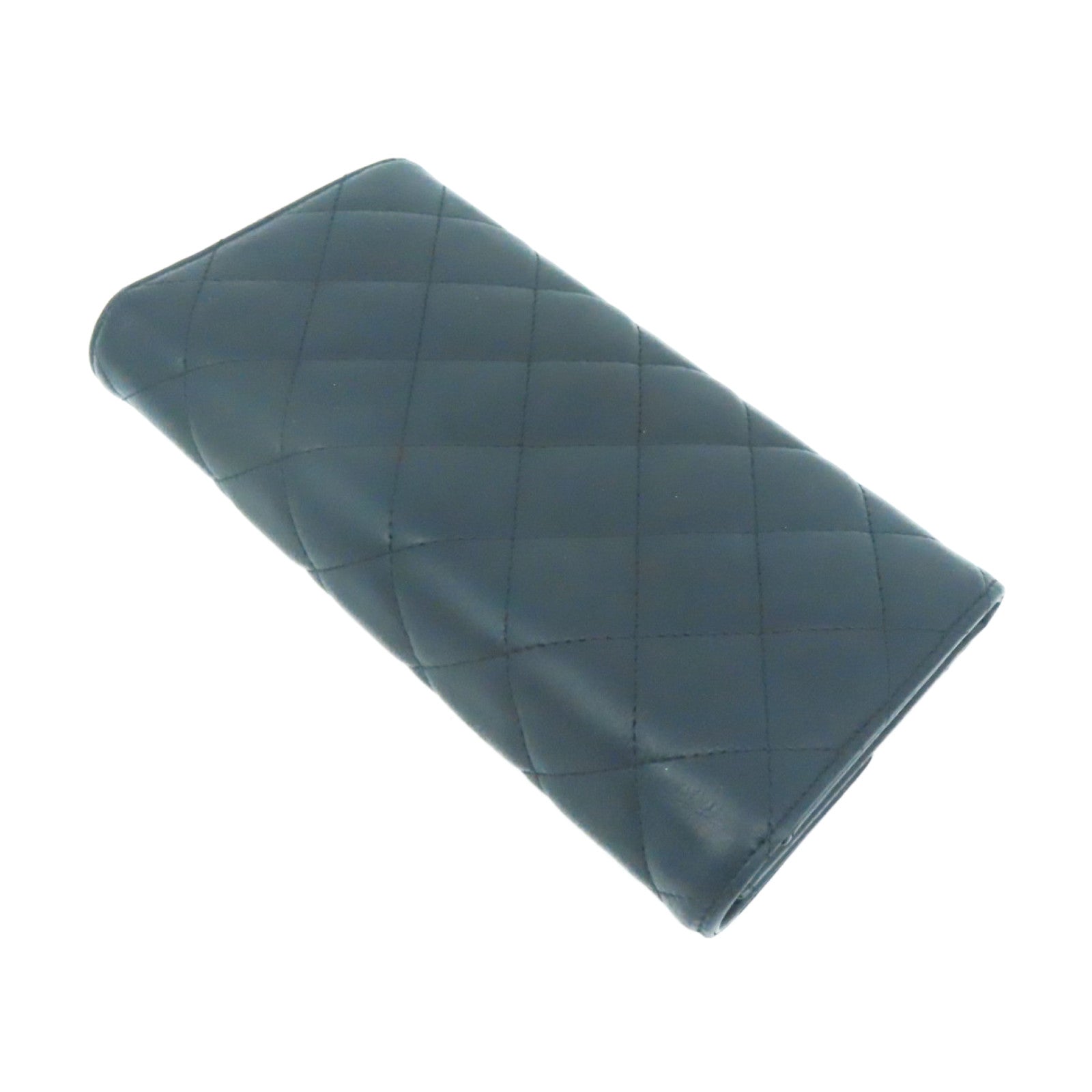 CHANEL 菱格牛皮皮革Long Wallet銀扣黑色