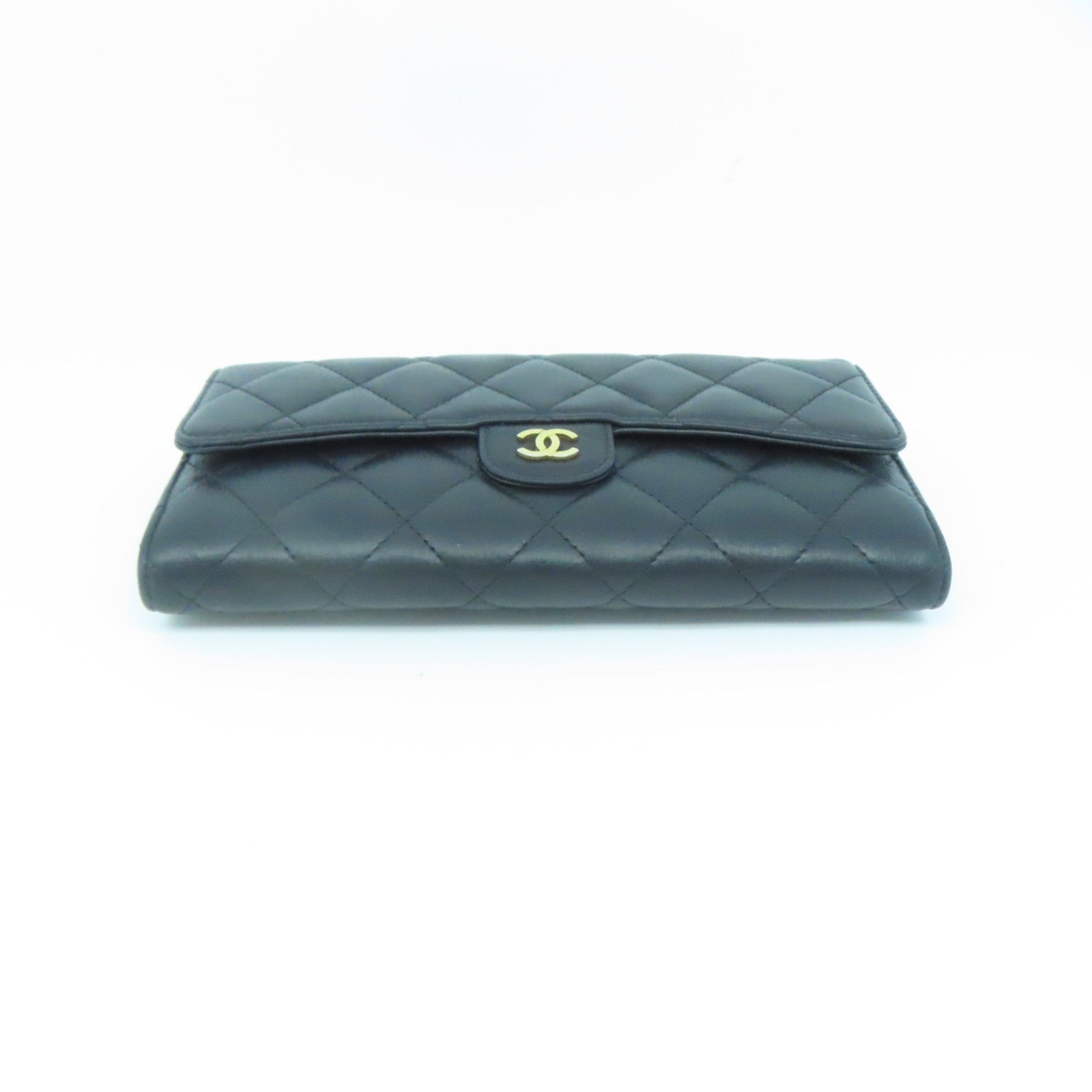 CHANEL 菱格牛皮皮革Long Wallet銀扣黑色