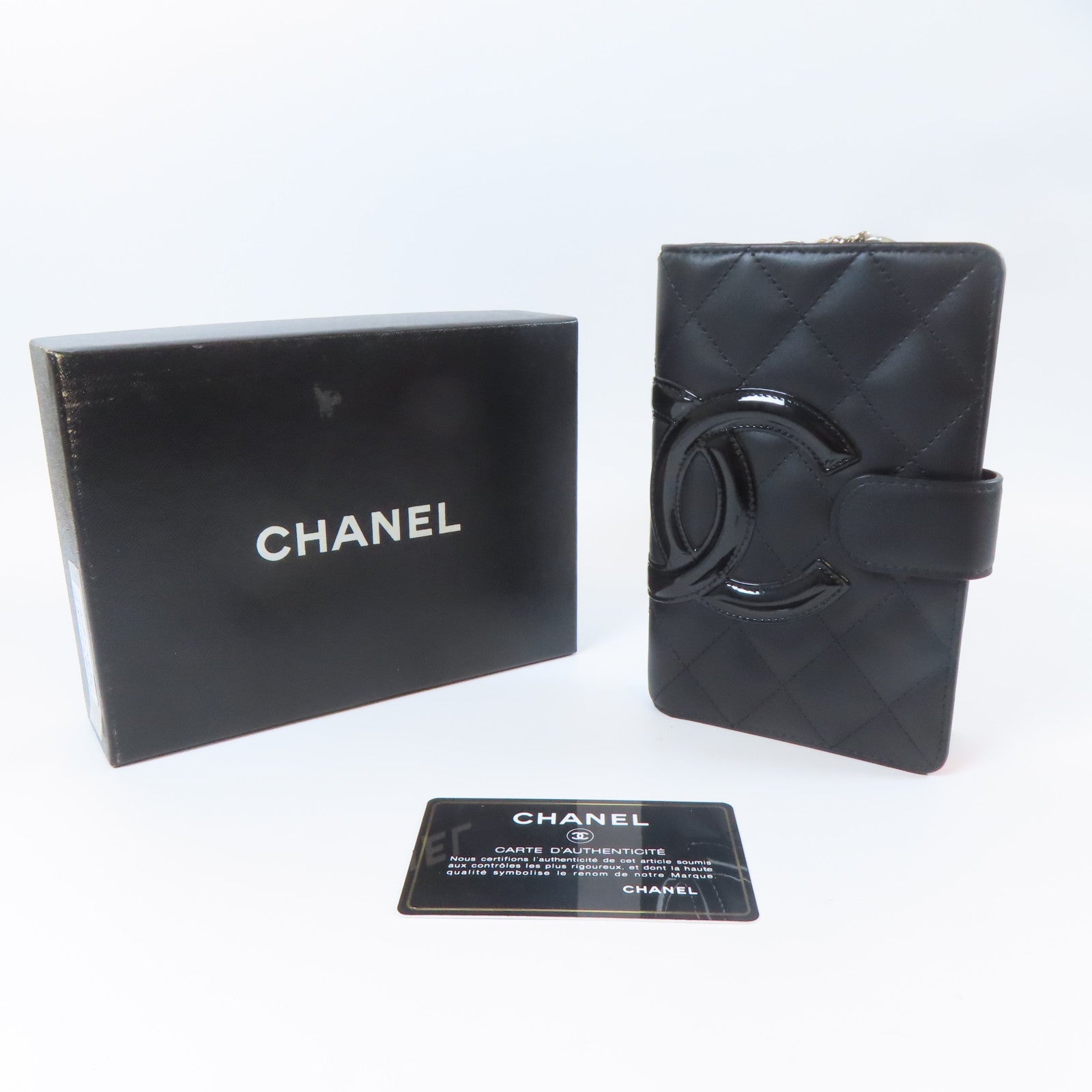 CHANEL 菱格牛皮皮革Cambon Wallet銀扣錢包黑色/粉紅色
