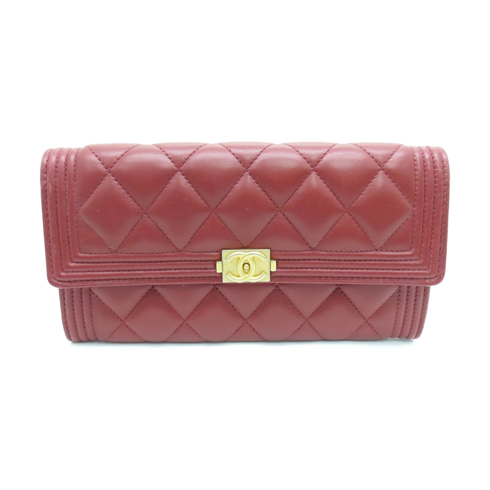 CHANEL 菱格羊皮皮革Long Wallet金扣長錢包紅色