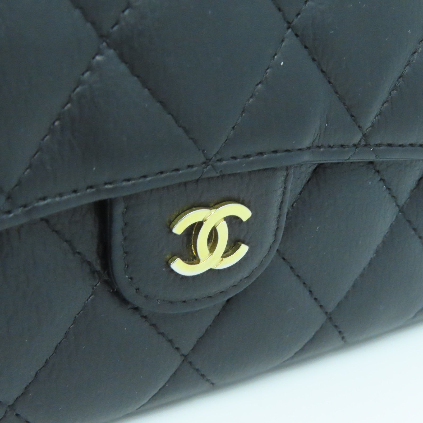 CHANEL 菱格牛皮皮革Long Wallet銀扣黑色
