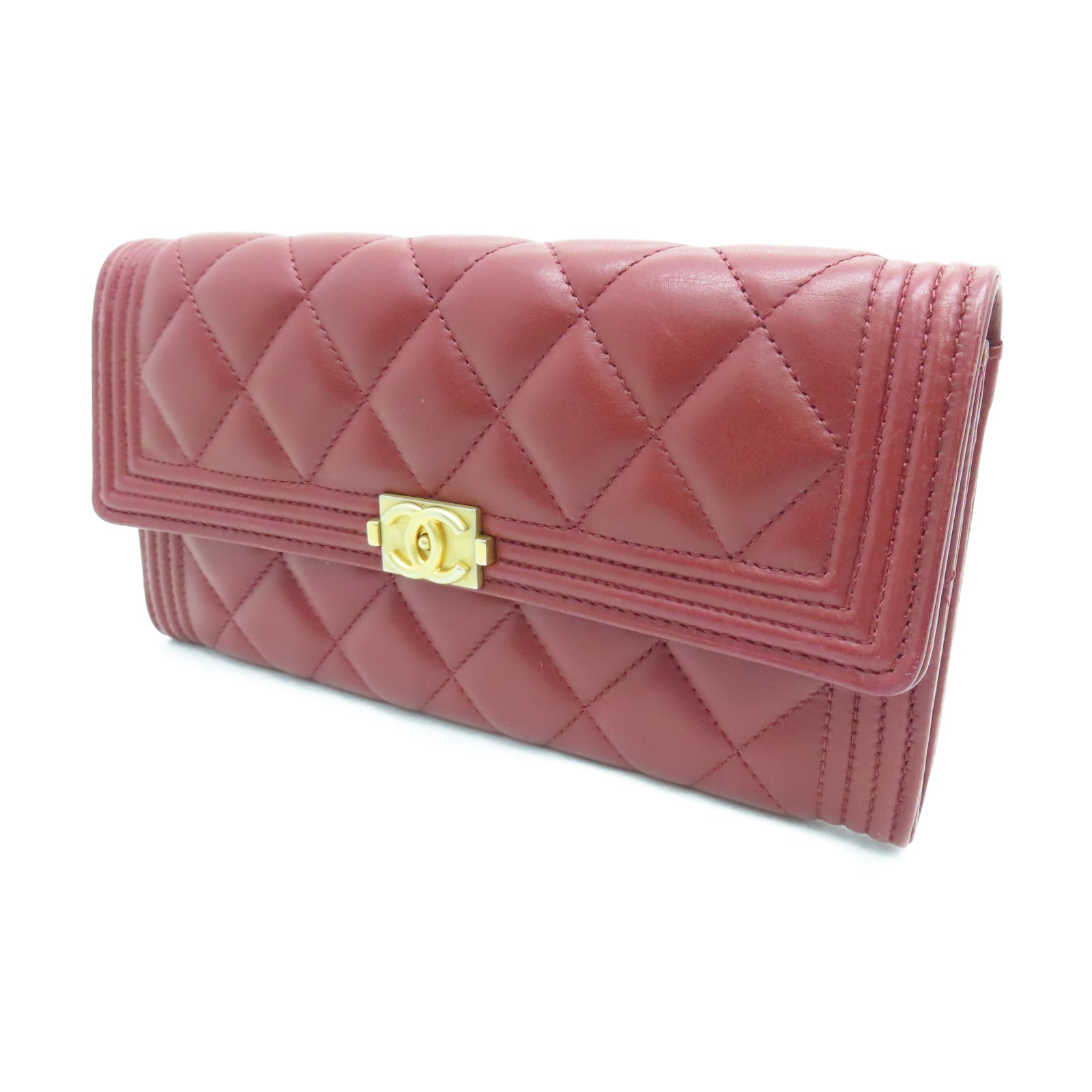 CHANEL 菱格羊皮皮革Long Wallet金扣長錢包紅色