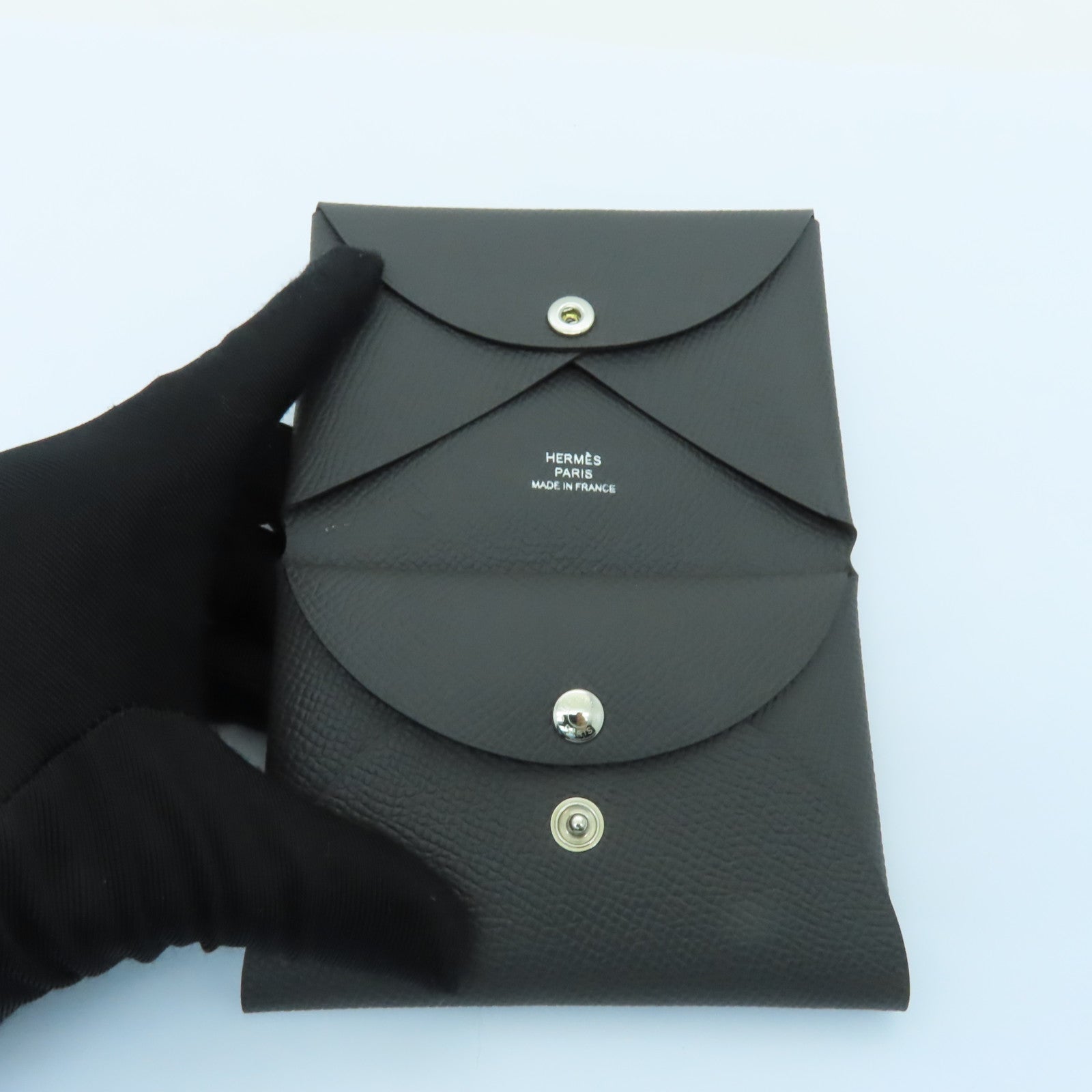 HERMES Epsom皮革Calvi Duo Card Holder銀扣卡片套灰色