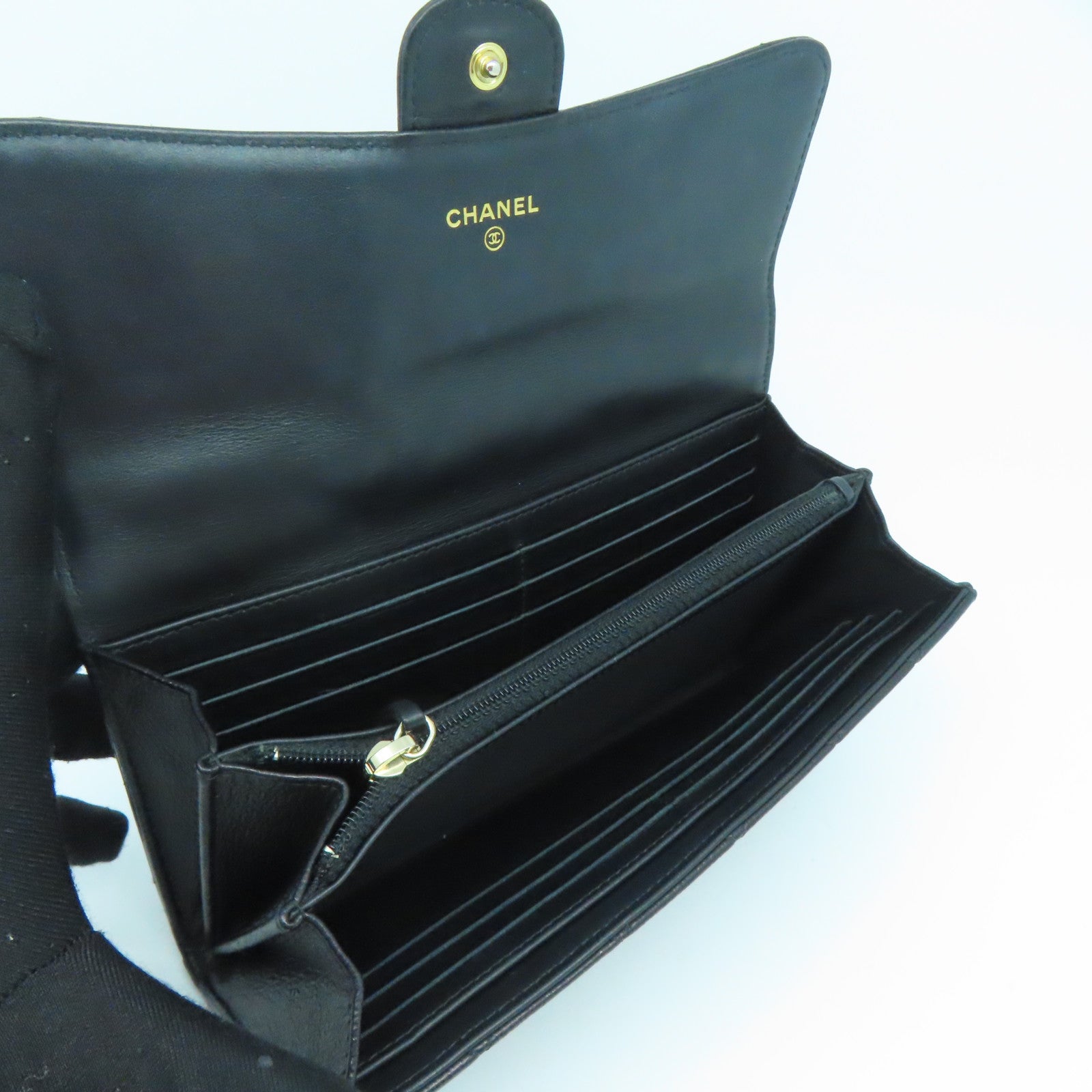 CHANEL 菱格牛皮皮革Long Wallet銀扣黑色