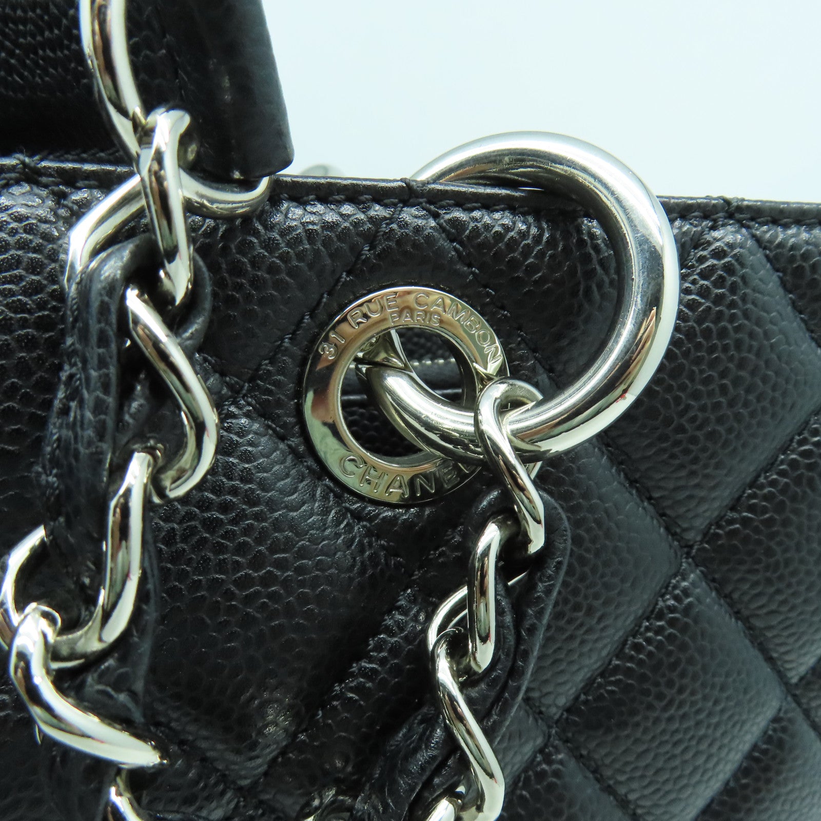 CHANEL 菱格Caviar皮革GST銀扣鏈帶肩背袋黑色