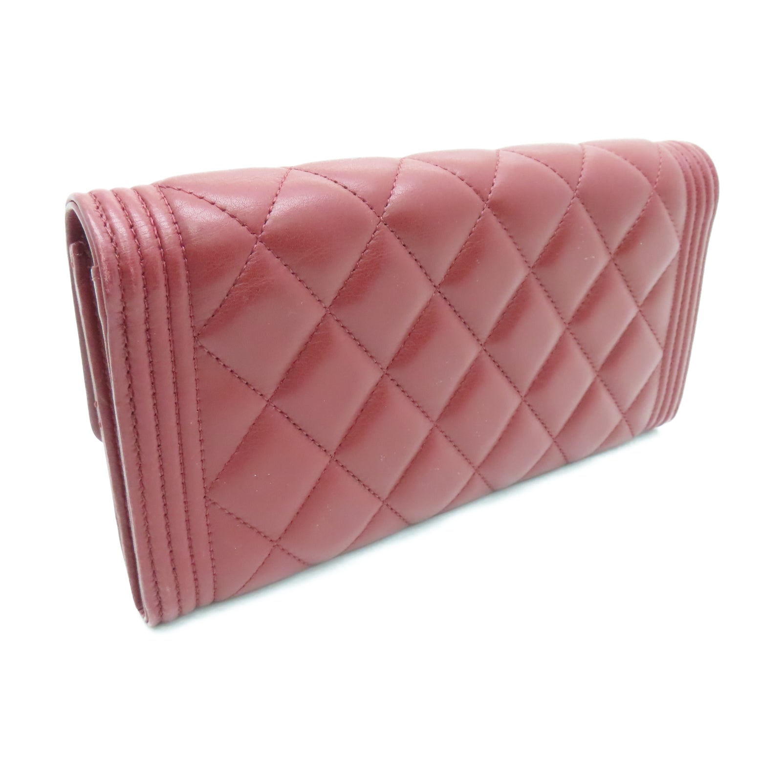 CHANEL 菱格羊皮皮革Long Wallet金扣長錢包紅色