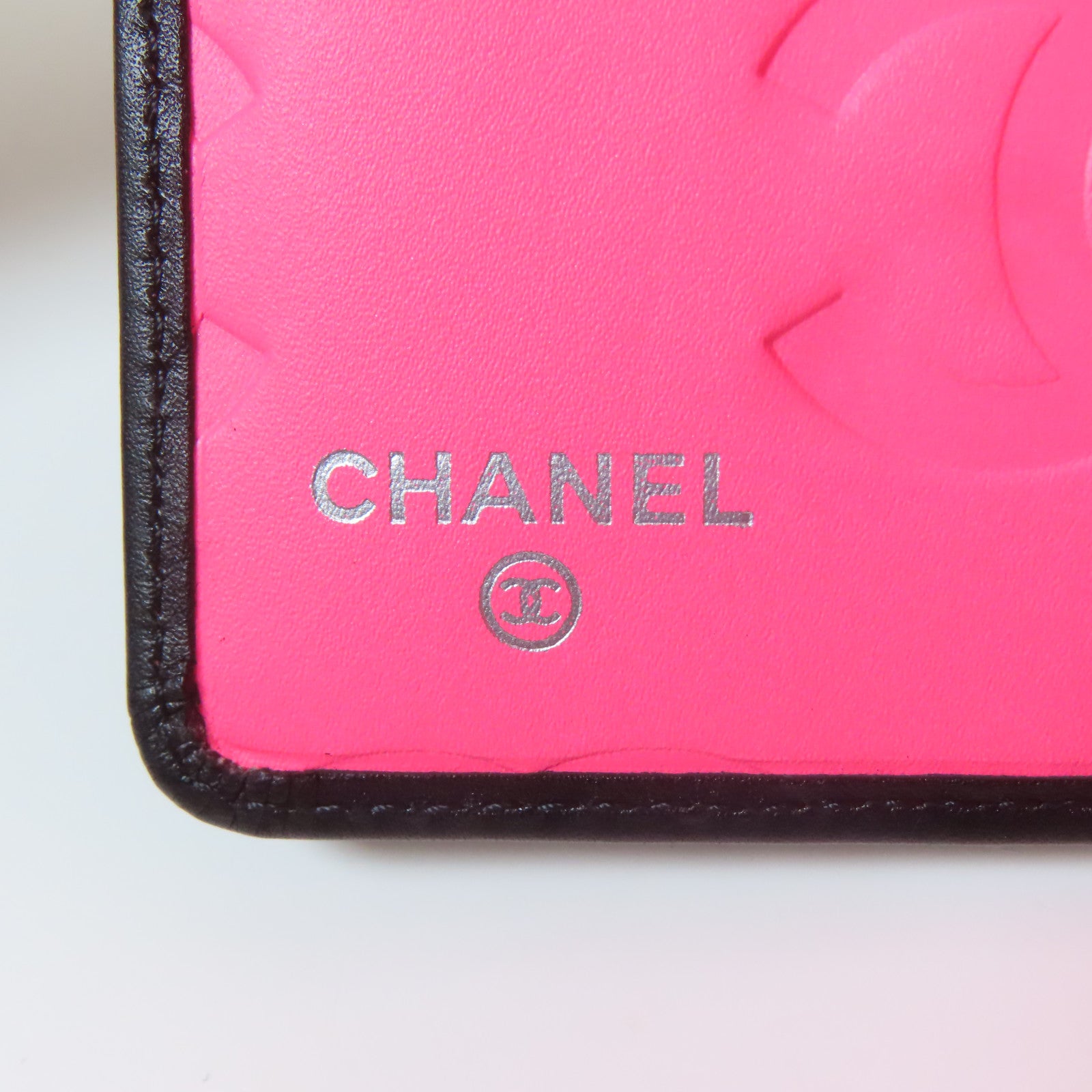 CHANEL 菱格牛皮皮革Cambon Wallet銀扣錢包黑色/粉紅色